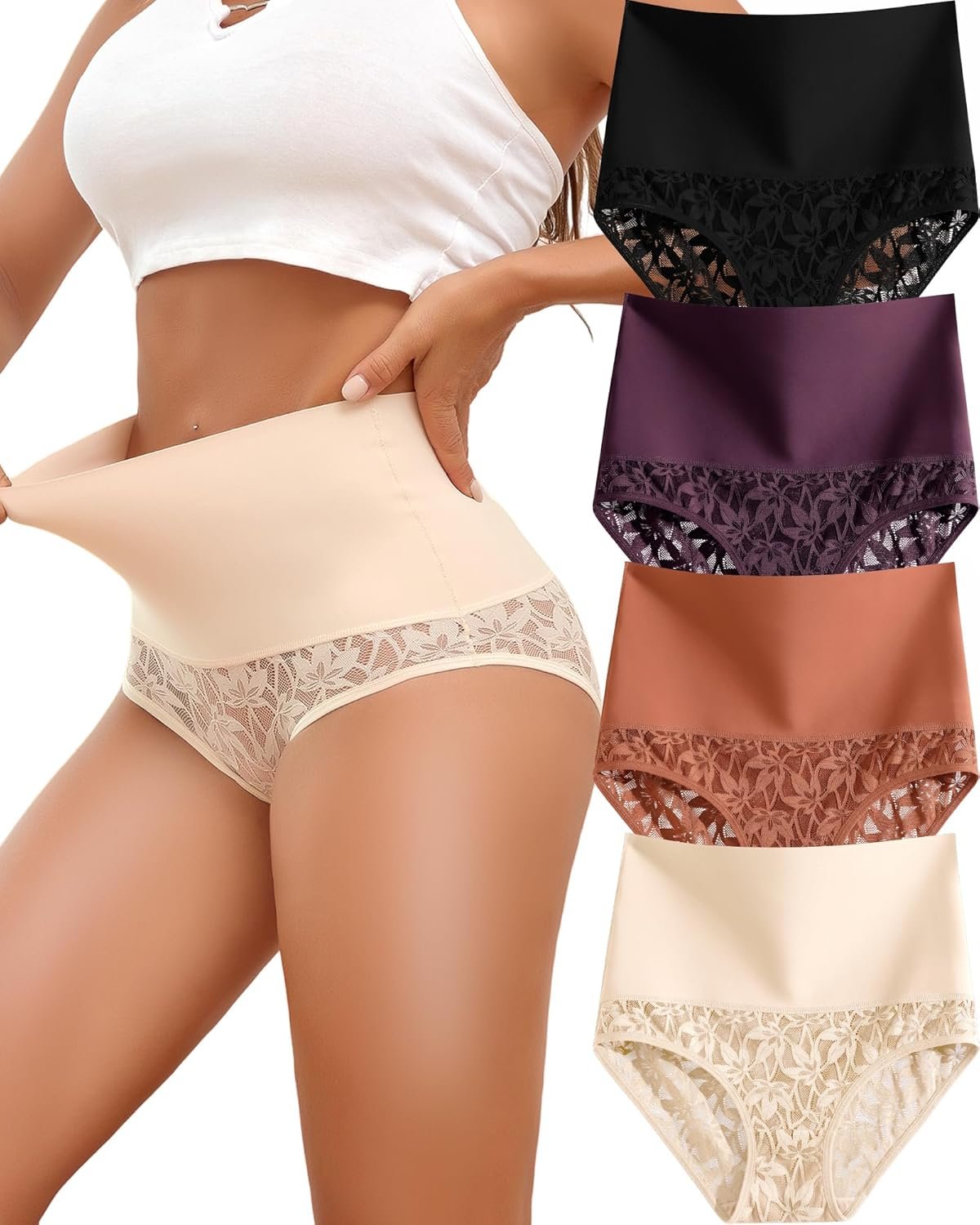 Shapewear for Women Tummy Control High Waisted Seamless Womens Underwear 4-Pack Sexy Lace Plus Size Panties