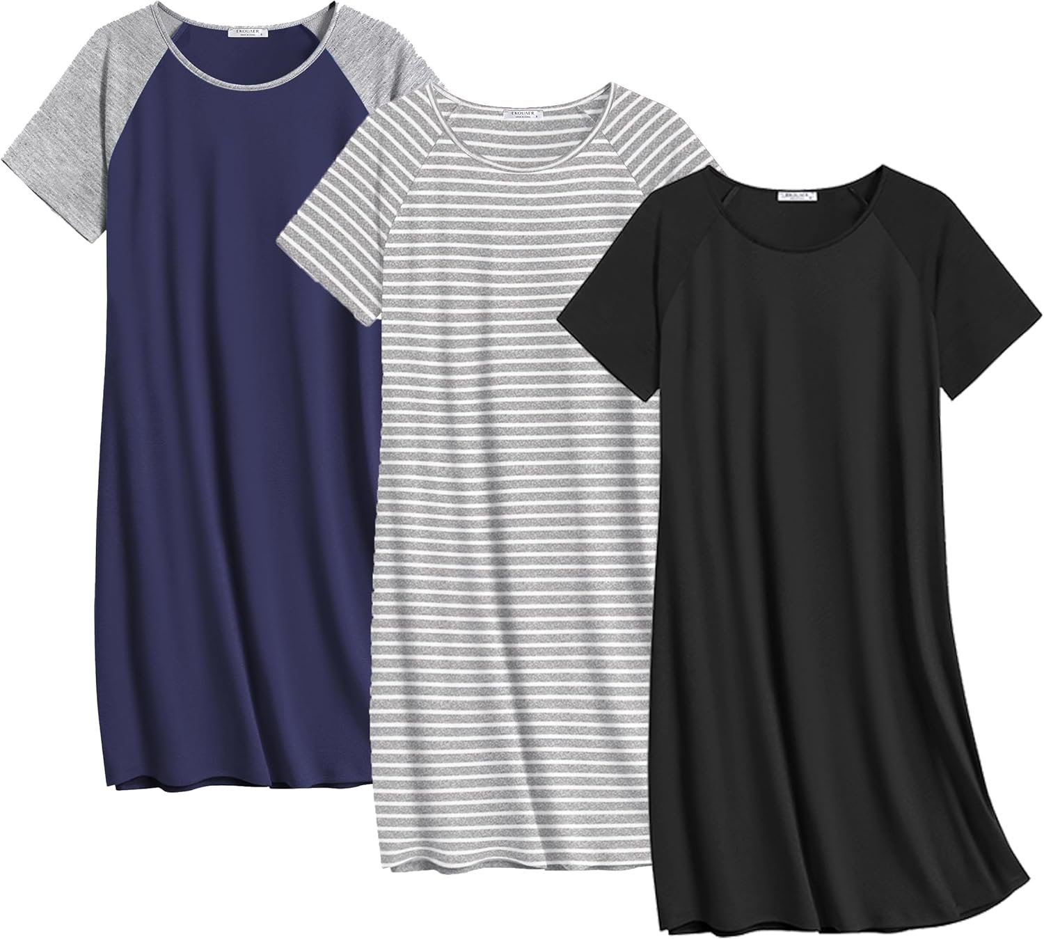 Ekouaer Nightgowns for Women Cotton Night Gown 3 Pack Sleep Shirts Short Sleeve Nightshirt Soft Sleepwear Nightdress