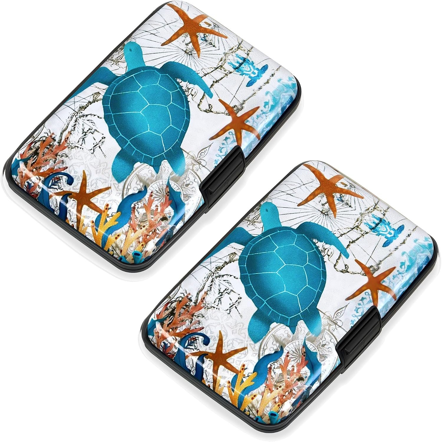 Mayski 2 Pack Credit Card Holder for Women Rfid Blocking Wallet | Sea Turtle Aluminum Alloy Hard Case, Small Mini Business Metal Accordion Wallet for Men