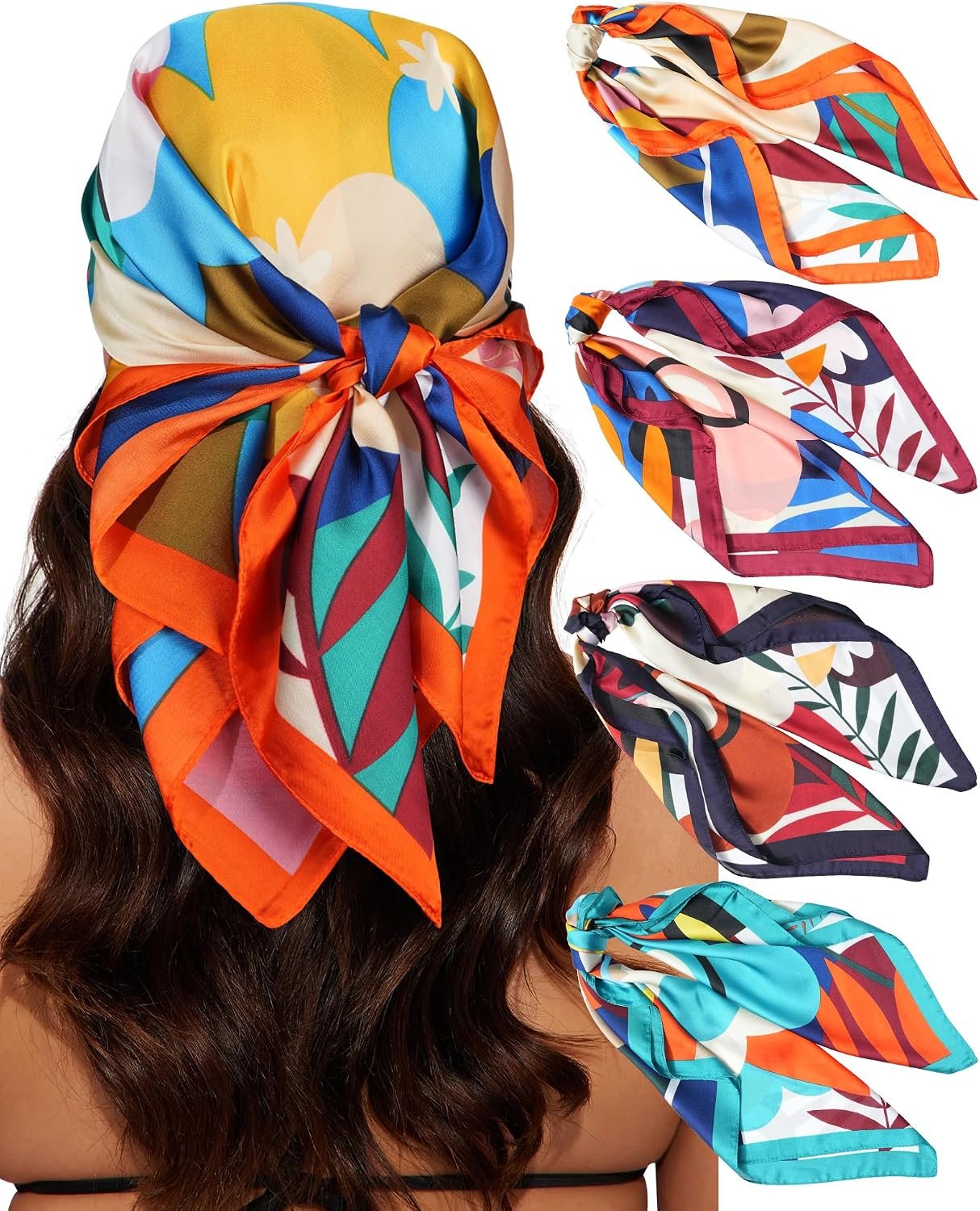 CHLINS 4 PCS 27.5 Inches Satin Head Scarf Silk Scarf for Women Lightweight Hair Bandanas Head Scarves Neck Scarf Hair Wrap