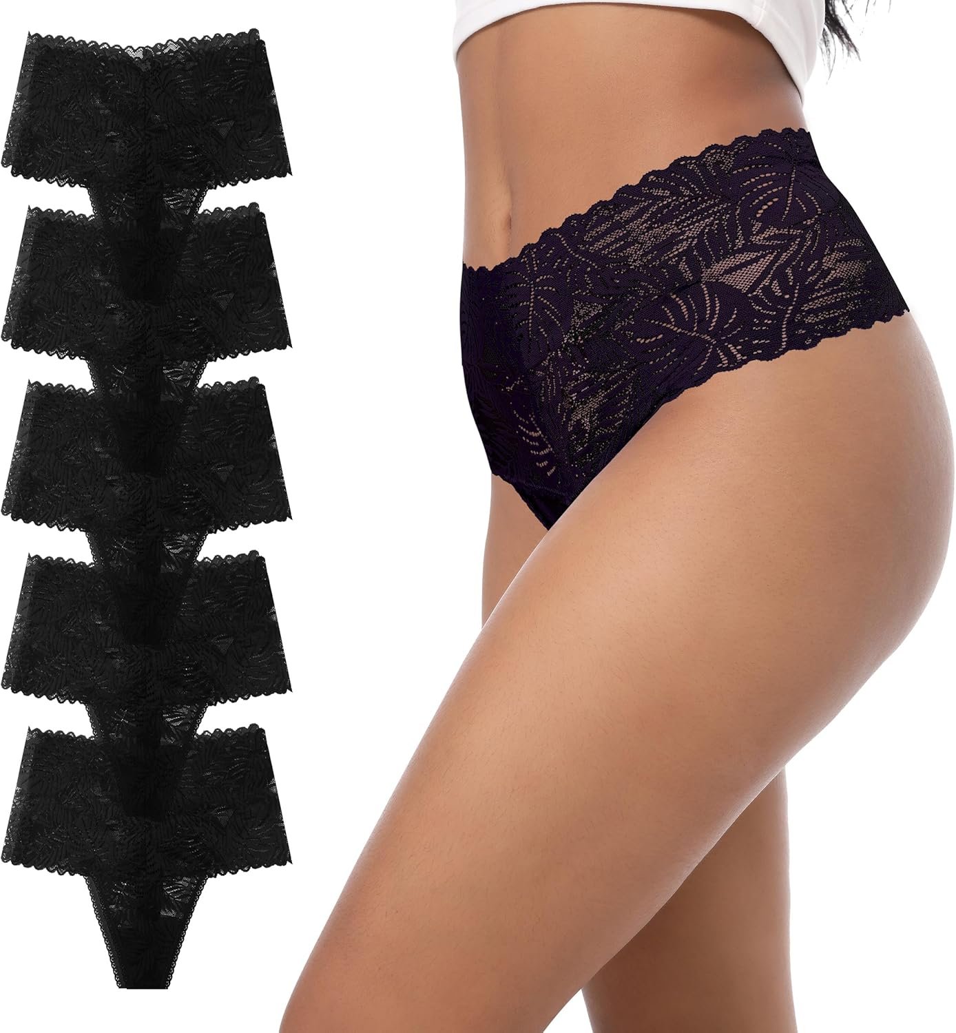 High Waisted Thongs Lace Full Coverage Soft Tangas Tropical Plants Lace Thongs Comfortable Sexy Underwear