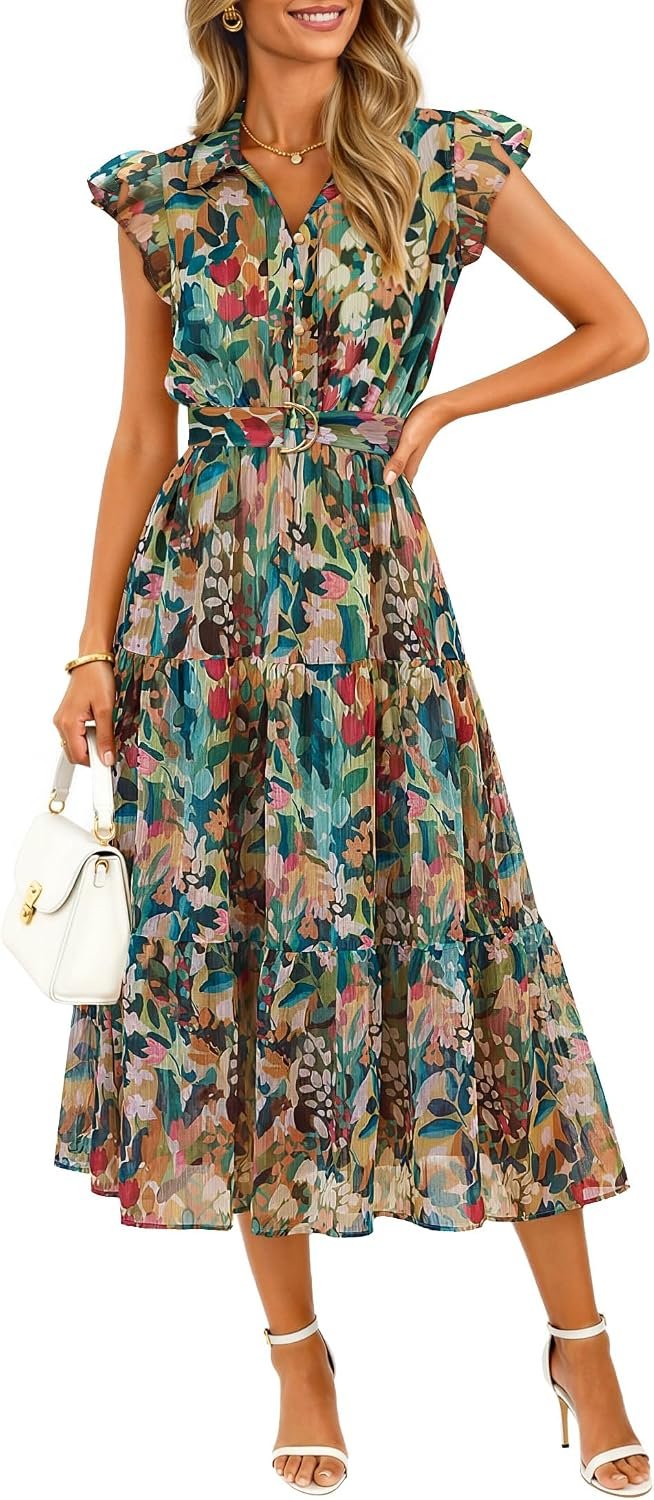 ZESICA Women’s Summer Floral Midi Dress 2026 Casual Flutter Short Sleeve Chiffon Button Down Wedding Guest Party Dresses