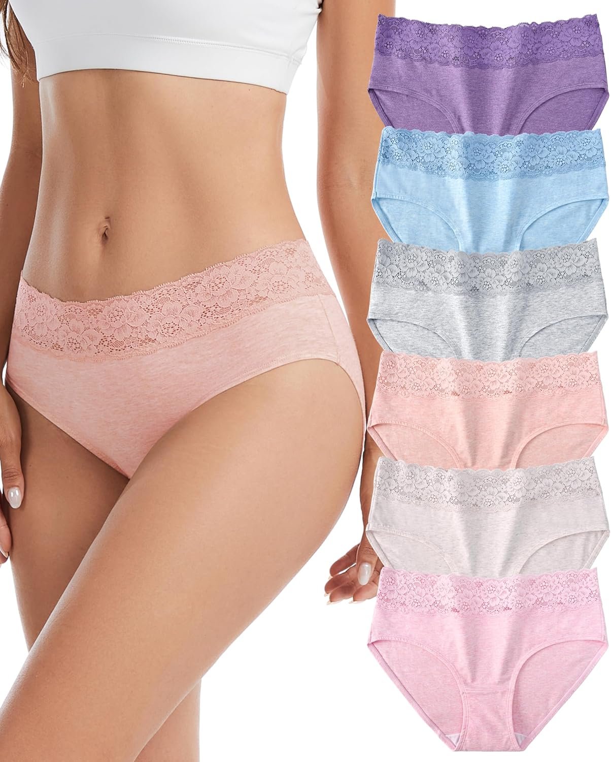 Sunm Boutique Cotton Underwear for Women, Sexy Lace Waistband Women’s Panties, Full Coverage Breathable Ladies Bikini