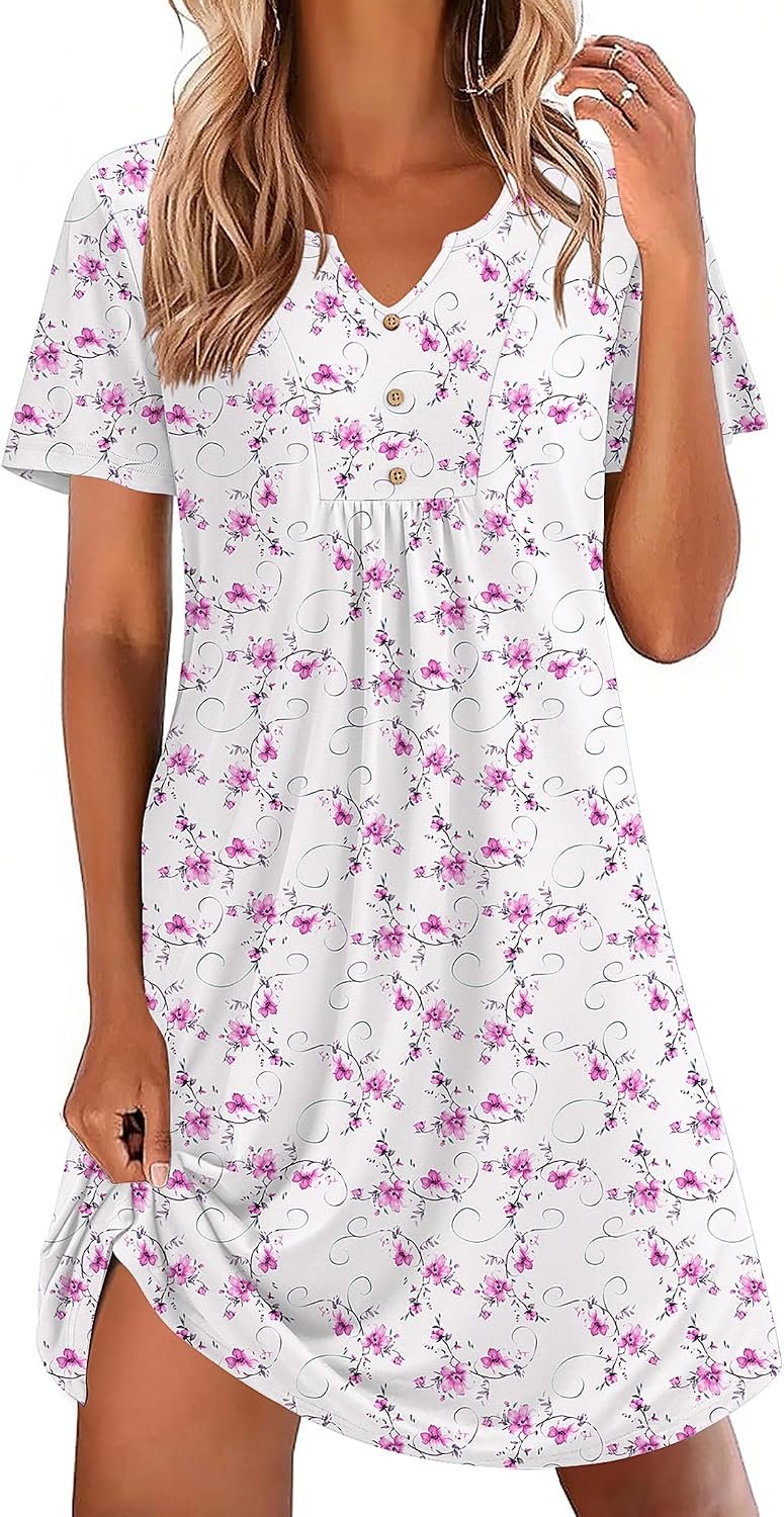 Ekouaer Nightgowns for Women Cotton Night Gowns Pleated Nightshirts Henley V Neck Sleepshirts Short Sleeve Sleepwear