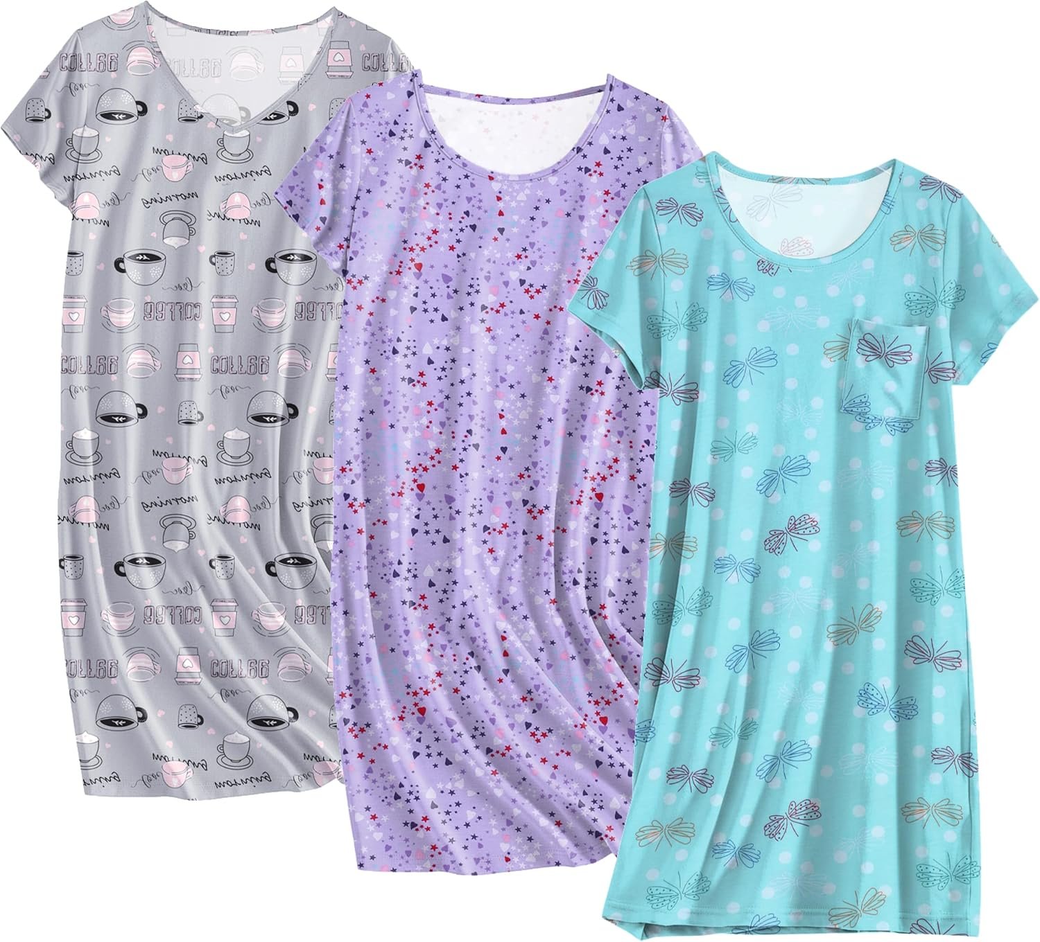Ekouaer Cotton Nightgowns for Women 3 Pack Sleepshirts Short Sleeve Night Shirt Tshirt Night Gown Print Sleepwear Dress