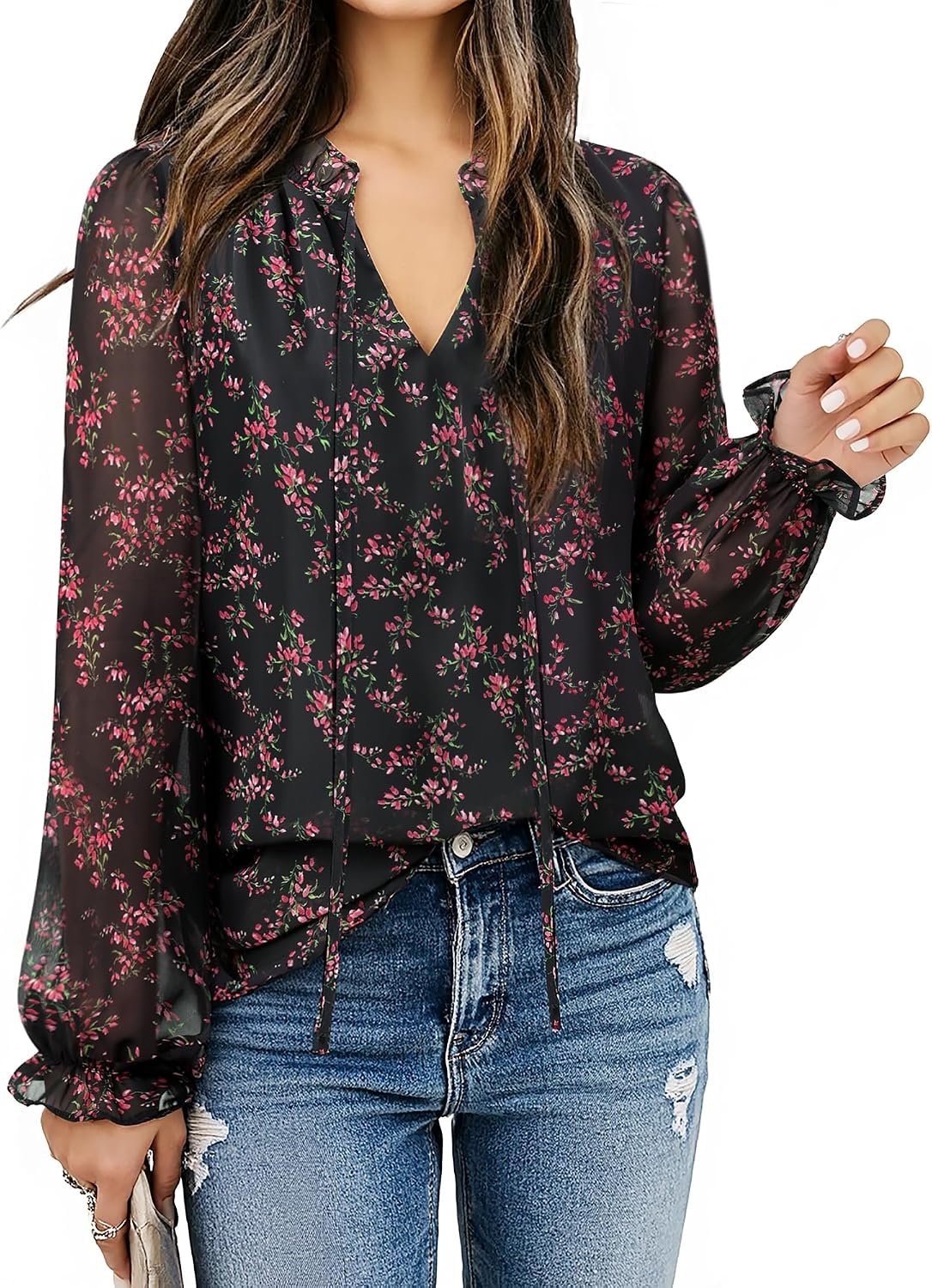 Gaharu Womens Business Casual Blouses Ruffle V Neck Work Dressy Shirts Long Sleeve Chifffon Tunic Tops