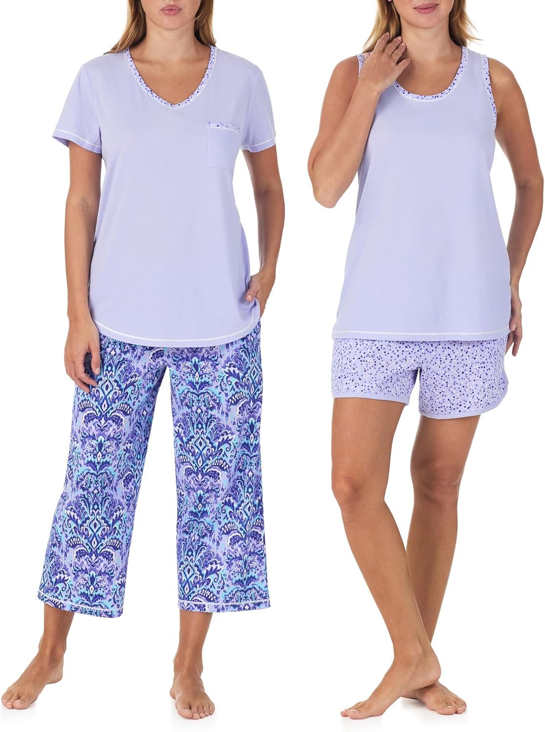 Carole Hochman Women’s 4-Piece 100% Cotton Pajama Set – V-Neck T-Shirt, Tank, Capri Pants & Shorts with Drawstring & Pockets