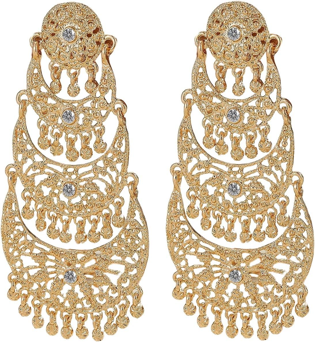 Bohemian Gold Long Tassel Dangle Drop Earrings, Beaded Chandelier Earrings for Women Extra Long Earring Party Wedding Wear Holiday Jewelry Accessories Gifts