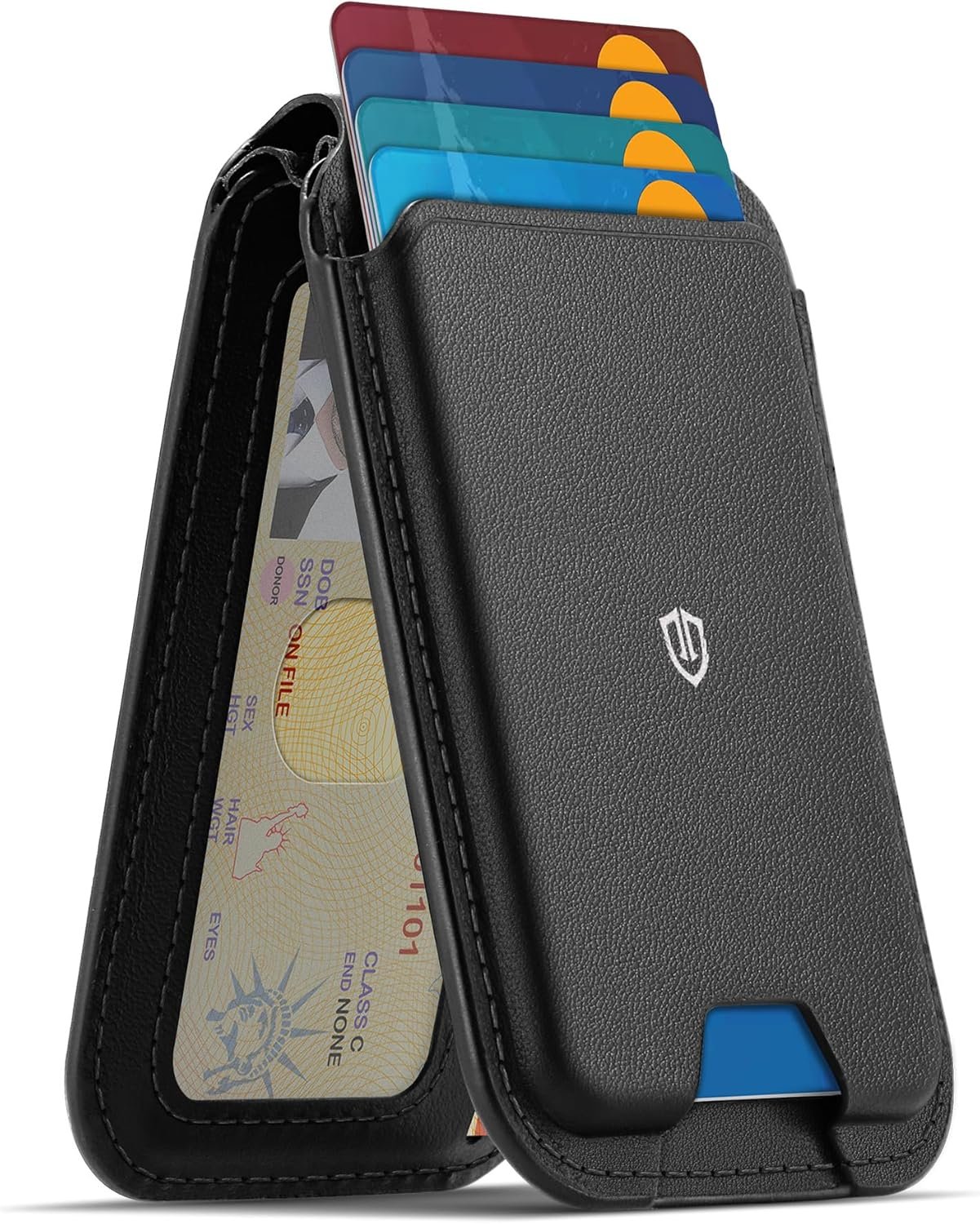 SHIELDON Genuine Leather Strong Magnetic Wallet for MagSafe, Phone Wallet Stand for Men Women, 6 Card Holders, Angle Adjustment, RFID Blocking, Compatible with iPhone 17/16/15/14/13/12 Series – Black