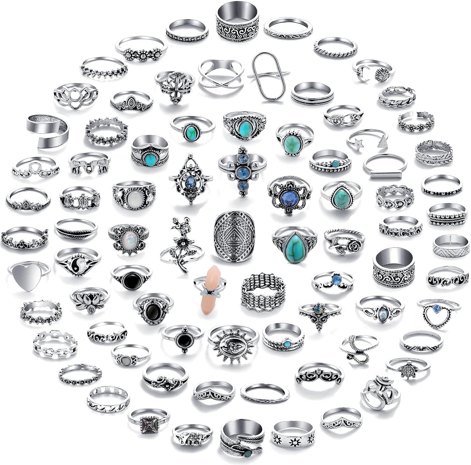 17 MILE 82 Pcs Vintage Silver Knuckle Rings Set for Women, Bohemian Stackable Joint Finger Rings, Retro Stone Crystal Stacking Midi Rings Pack