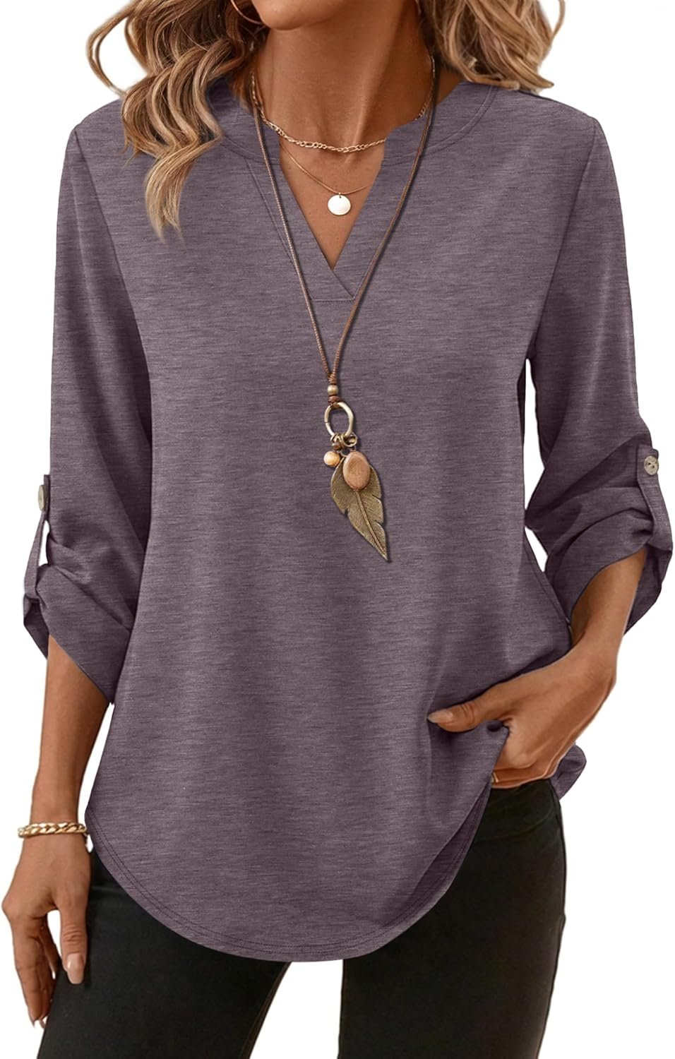 XIEERDUO 3/4 Length Sleeve Womens Tops V Neck T Shirts Both Side Buttons Blouses Business Casual Outfits Loose Fit