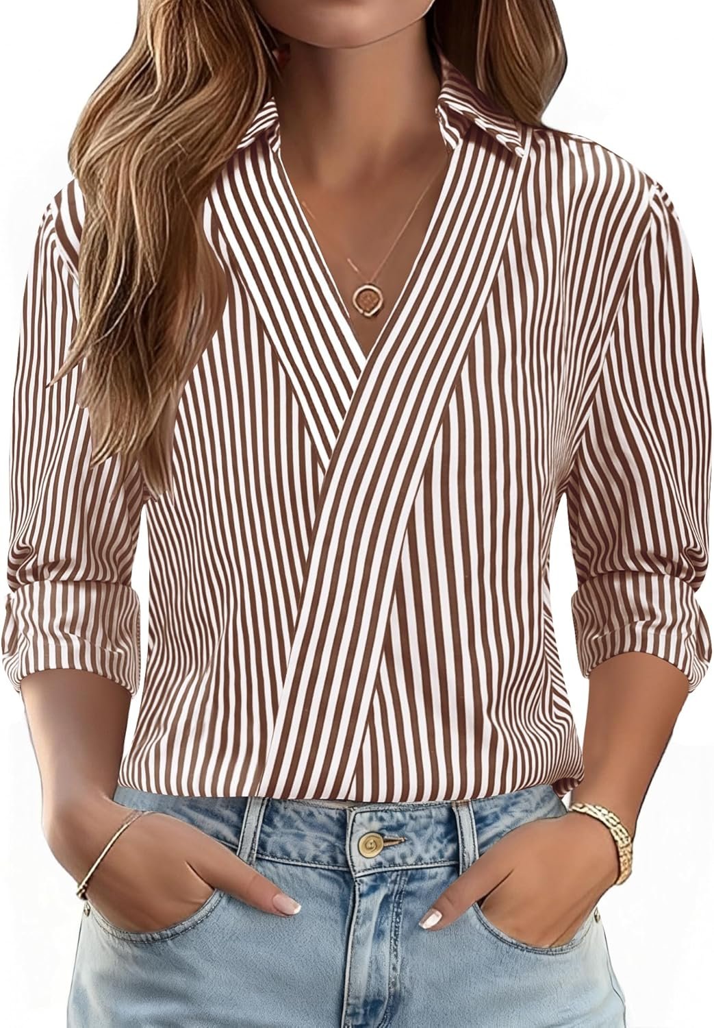 LOMON 3/4 Length Sleeve Womens Tops Dressy V Neck Collared Shirts Trendy Business Casual Work Blouses Vacation Outfits 2026