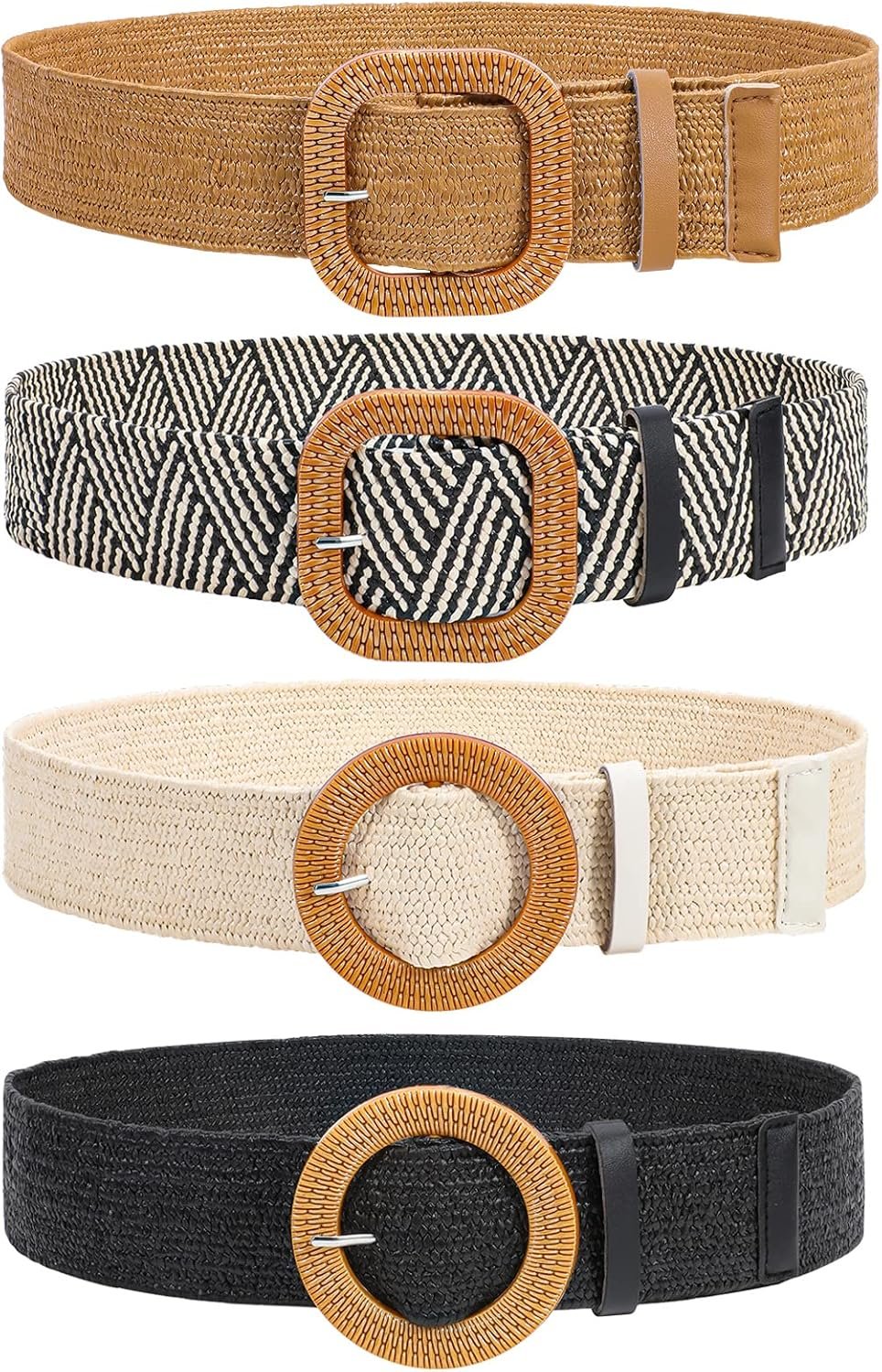 VONMELLI 4 Pack Straw Woven Elastic Stretch Waist Belt for Women Fashion Dress, Boho Braided Women’s Belts