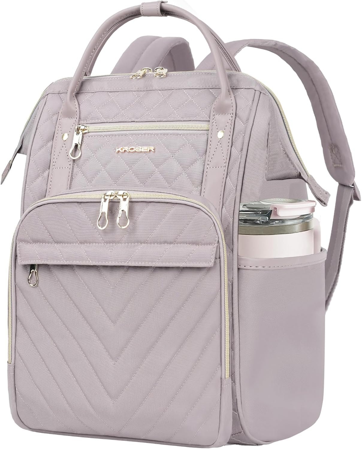 KROSER Laptop Backpack 17″ Stylish Backpack Water Repellent College Casual Daypack Travel Business Work Bag for Men/Women-Quilted Dusty Pink