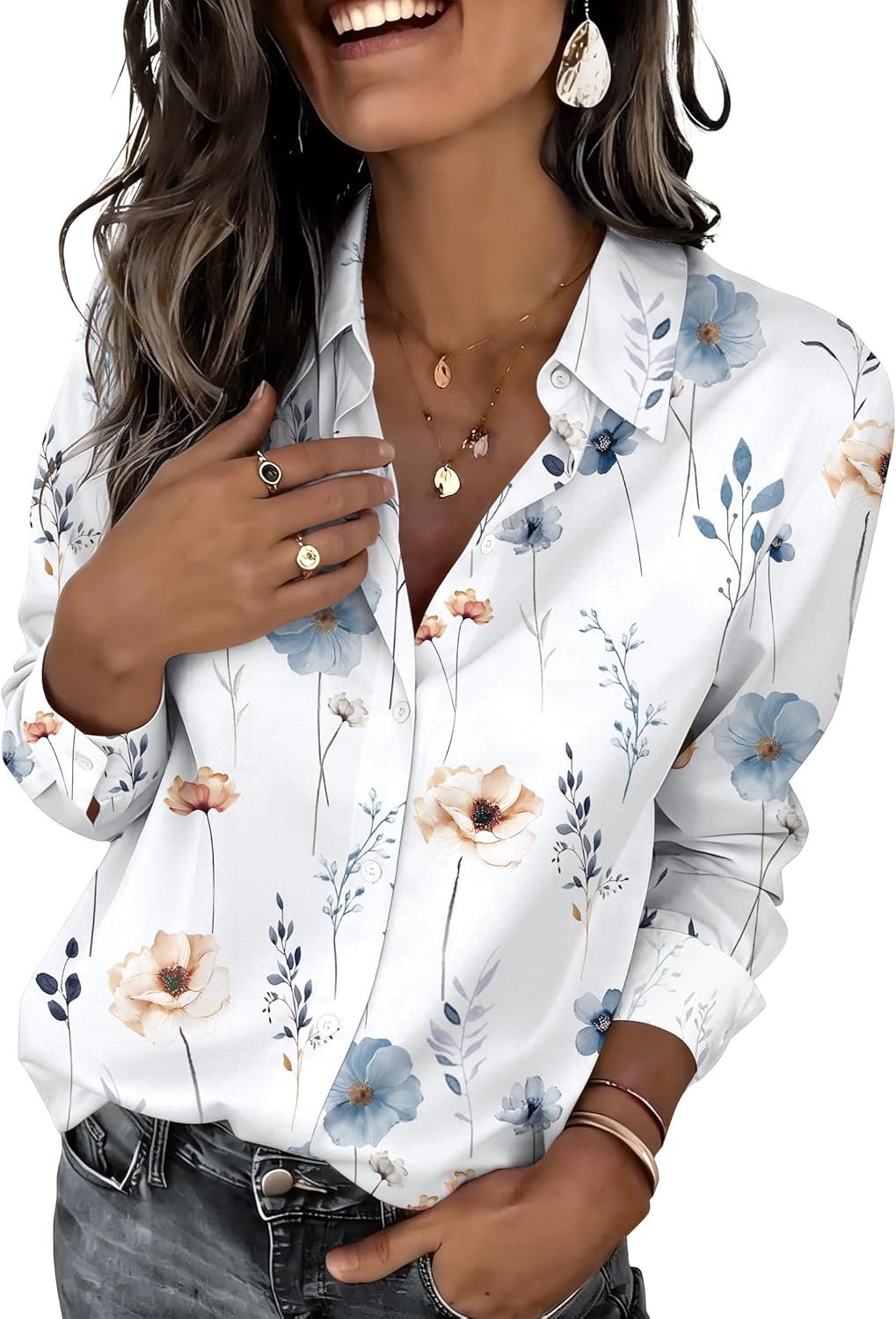 Zeagoo Button Down Shirts for Women Dressy Floral Printed Long Sleeve Blouse Business Casual Work Tops