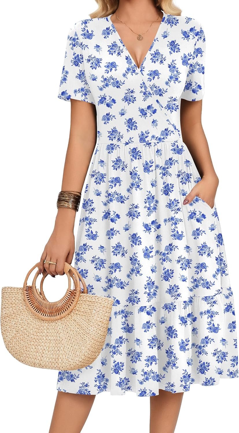 Zeagoo Womens Summer Casual Dresses Short Sleeve Midi Warp V-Neck Floral Dress with Pockets Tiered Flowy A Line Sundress