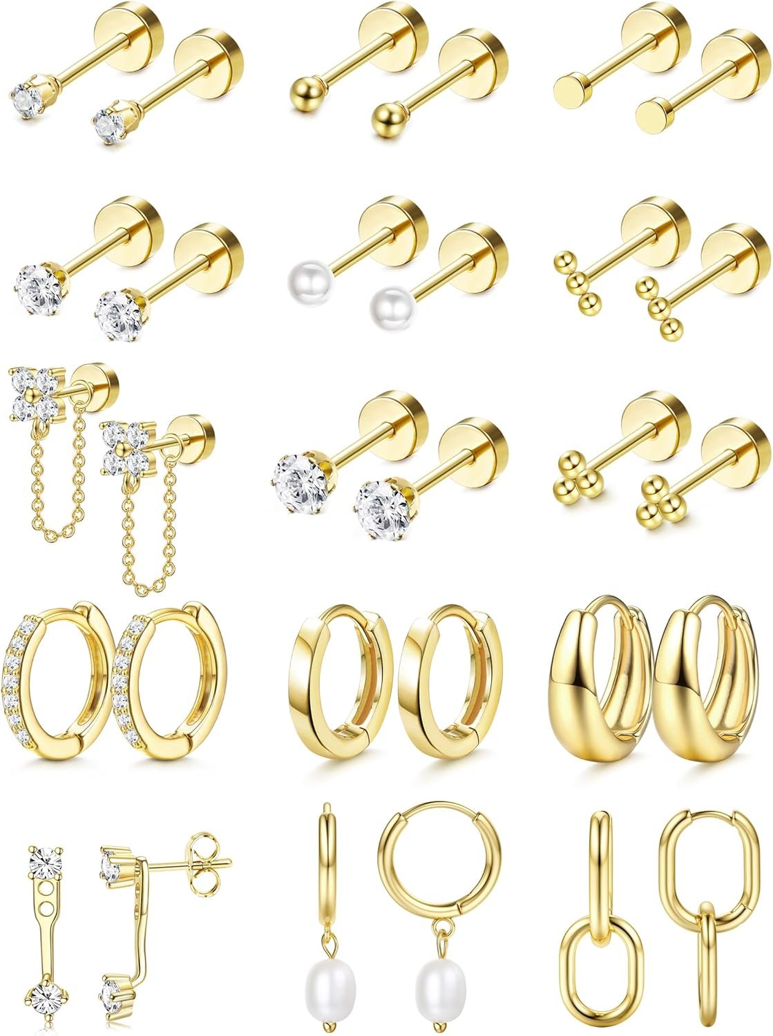 LOLIAS Flat Back Earrings for Women Hypoallergenic Surgical Steel Earrings for Sensitive Ears-20G Cartilage Earring Stacks 14K Gold Plated Hoops Flatback Stud Earring Sets for Multiple Piercing