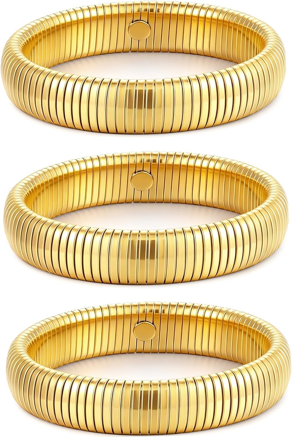 Gold Bangles for Women Set of 3 Chunky Stretch Bangles Bracelets 24K Gold Plated Stainless Steel Bracelets Flexible Wide Stack Bracelets Designer Look Alike Jewelry for Women