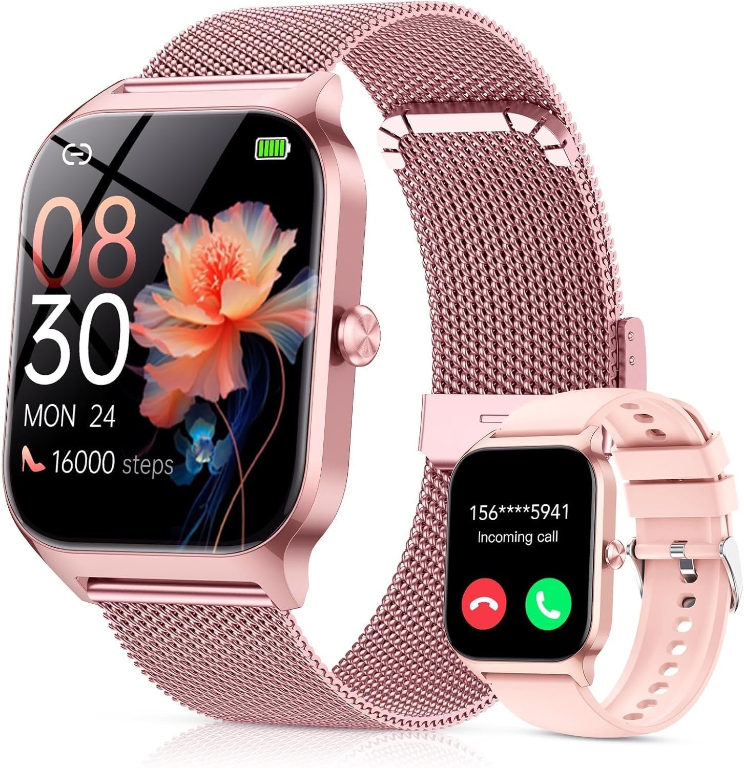 CASCHO Smart Watch for Women (2 Bands), Bluetooth Call Smartwatch with AI Voice,1.85″ HD Fitness Watch,Heart Rate/SpO2/Steps/Sleep Monitor,120+ Sports Modes,IP68 Waterproof Watch for Android iOS-Rose