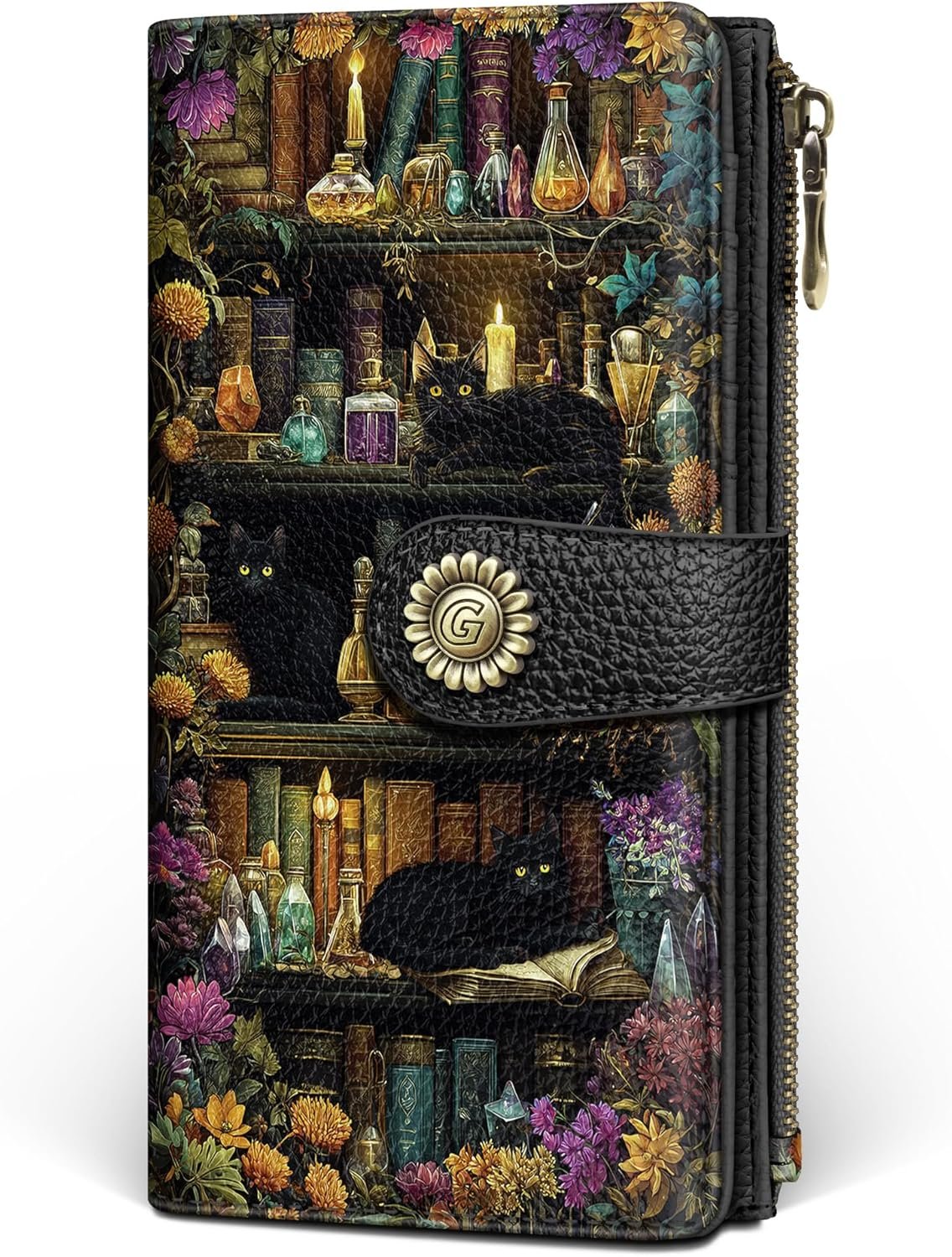 GIANCOMICS Black Cat Book Shelf Womens Wallet RFID Blocking, Witchy Credit Card Holder Bifold, PU Leather Travel Billfold, Long Cute Cash Purse, Zipper Coin Pocket Clutch, Card Slot, Ladies Gift Woman