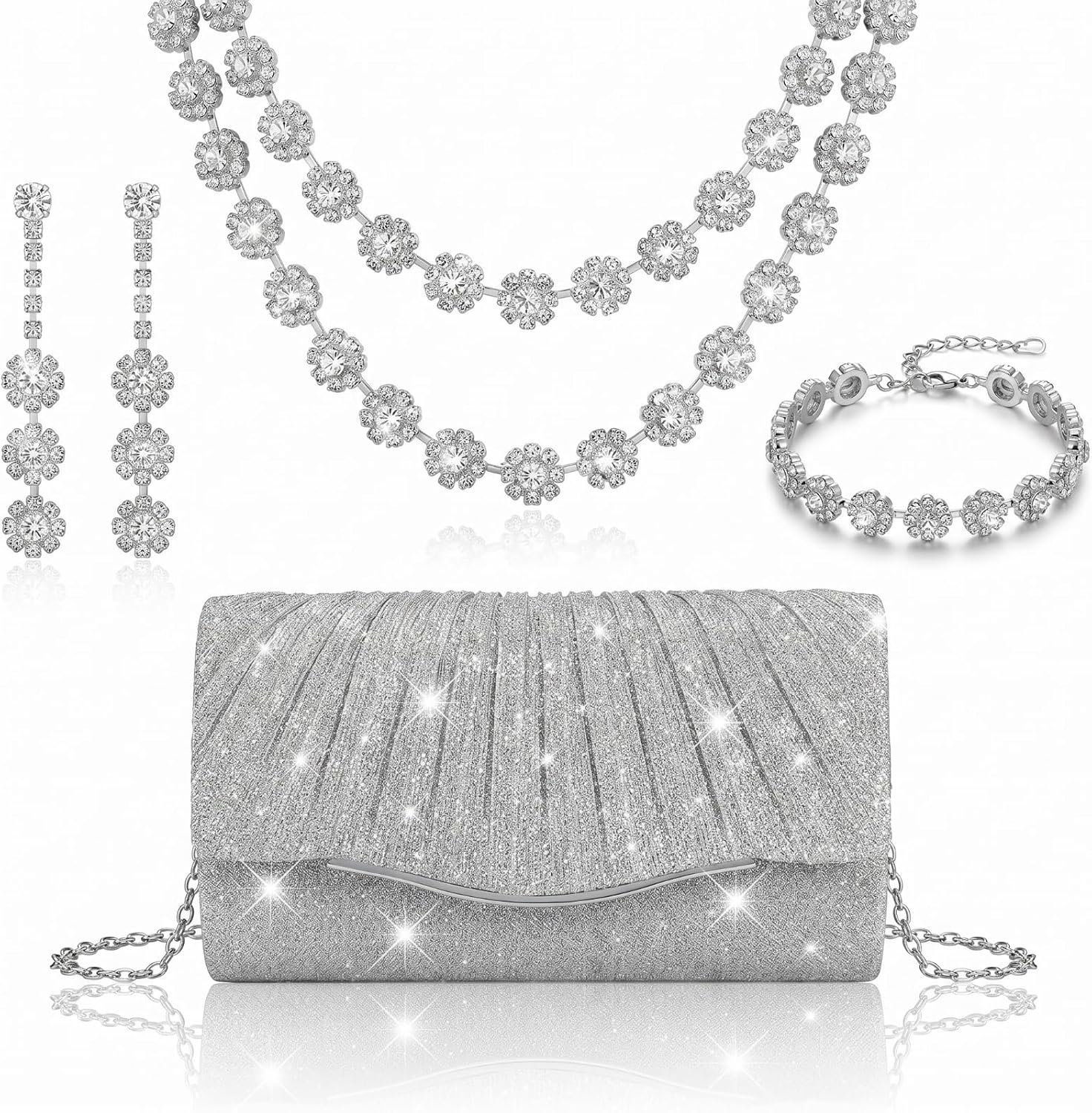 4 Pcs Purse Rhinestone Jewelry Set Prom Jewelry Glitter Bling Clutch Purse Bride Necklace Earrings Bracelets Sparkly Costume Kit for Women Bride Wedding Prom Evening Party