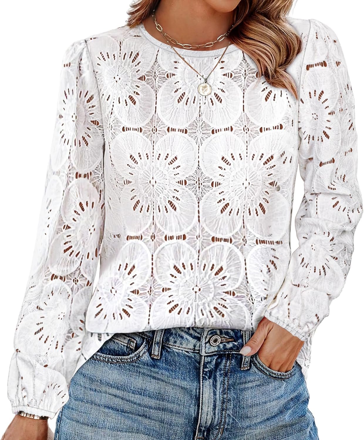 OFEEFAN Blouses for Women Dressy Casual Spring Tops 2026 Summer Outfits Flower Lace Crochet Long Sleeve Shirts