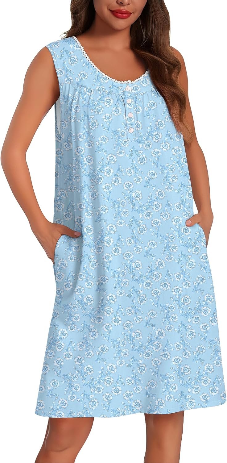 Ekouaer Cotton Nightgowns for Women Tank Sleeveless Night Gowns Lace Button Sleep Dress House Dress with Pockets S-3XL