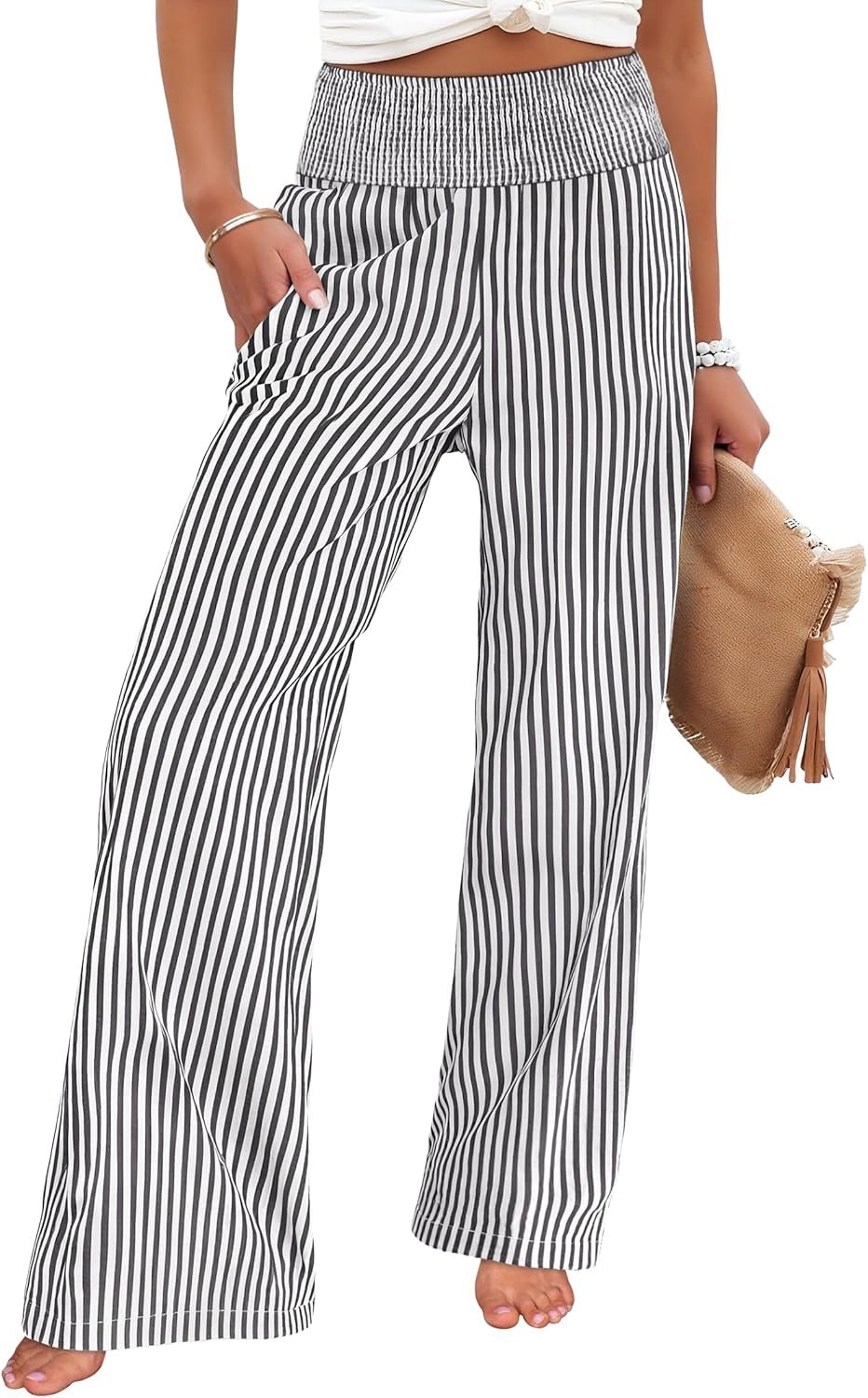 ANRABESS Womens Palazzo Pants, Striped & Gingham, Lounge & Casual, Cute Pajama Pants, Wide Leg, High Waisted, Pockets