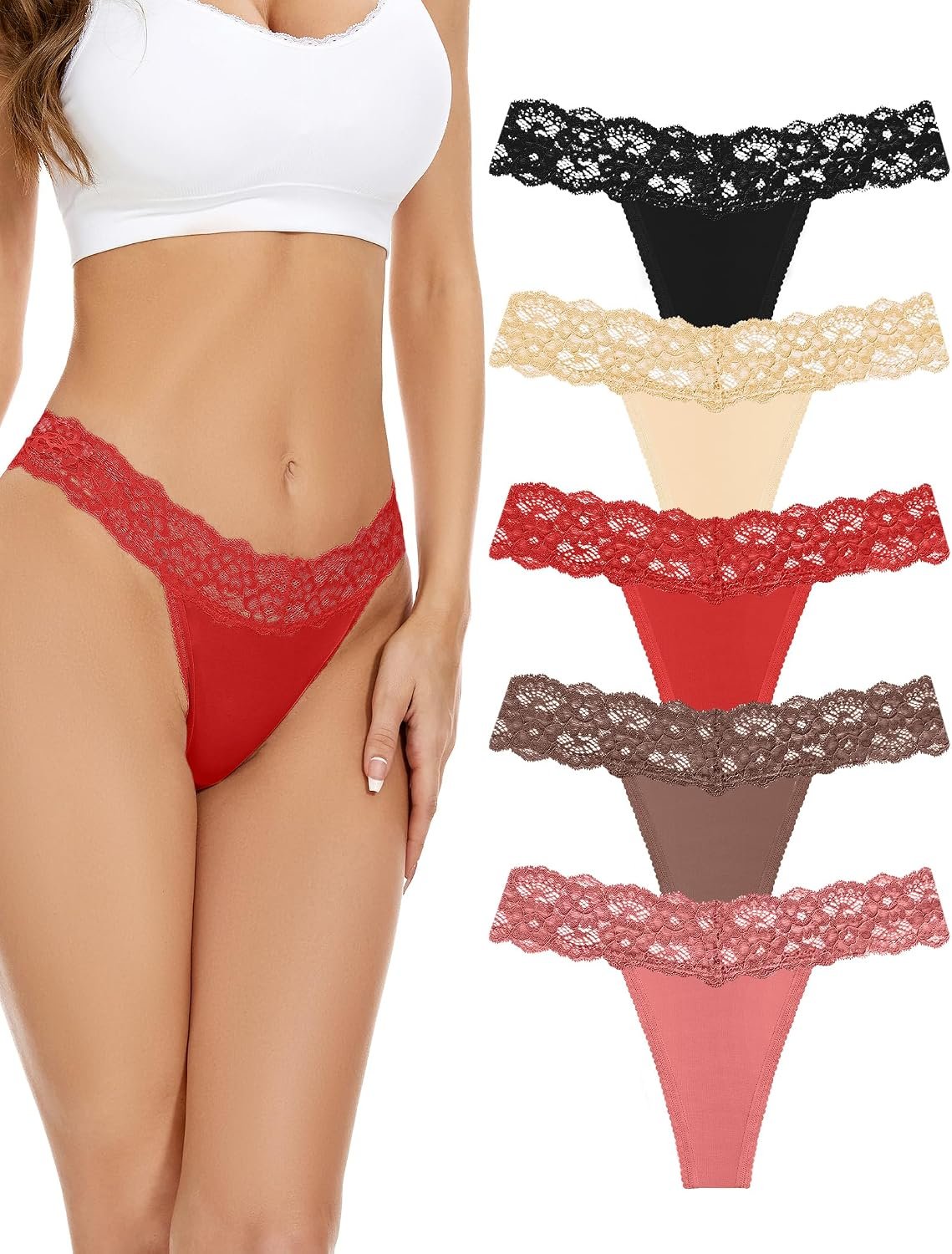 voenxe Seamless Thong for Women,No Show Lace Underwear,Ladies Cotton Blend Breathable Panties,Comfort Soft Undie,Tanga,5-Pack