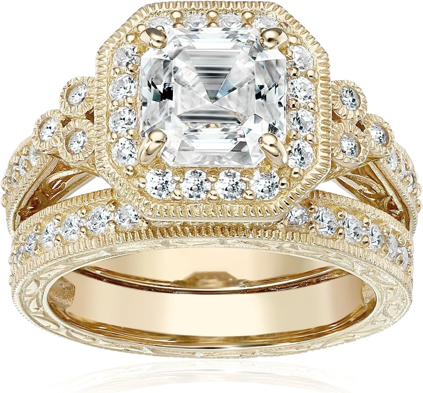 Amazon Essentials Platinum or Gold Plated Sterling Silver Antique Ring set with Asscher-Cut Infinite Elements Cubic Zirconia