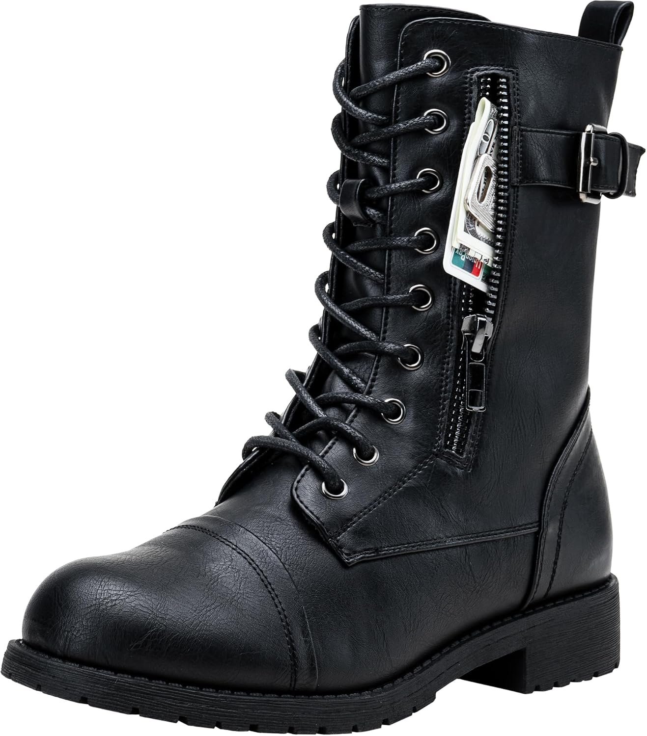 Vepose Women’s Combat Boots Low Heel, Mid Calf Military Boots with Card Knife Wallet Pocket