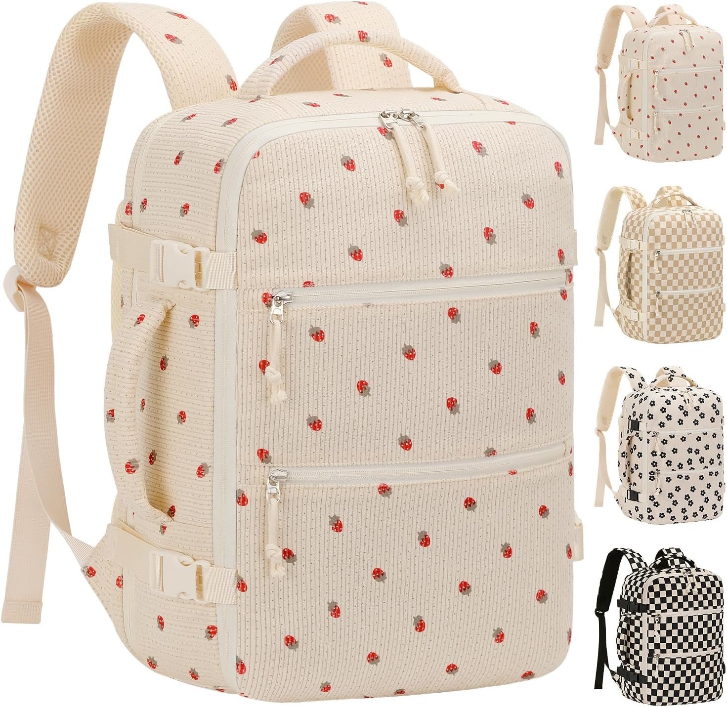 Tenot Corduroy Travel Backpack for Women, 15.6 Inch Womens Laptop Backpack TSA Approved Carry On Backpack, Personal Item Backpack for Travel Work Business, Beige Strawberry