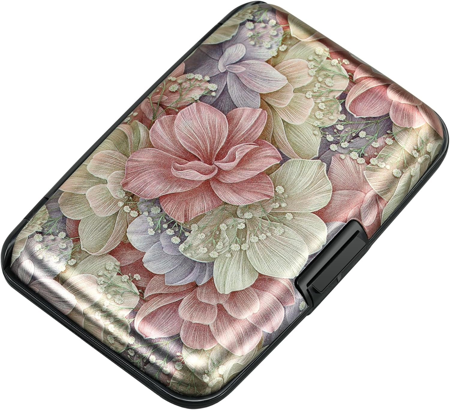 ELFISH Mini RFID Aluminum Wallet Credit Cards Holder Business Card Case Metal ID Case for Men Women（Happy Flower