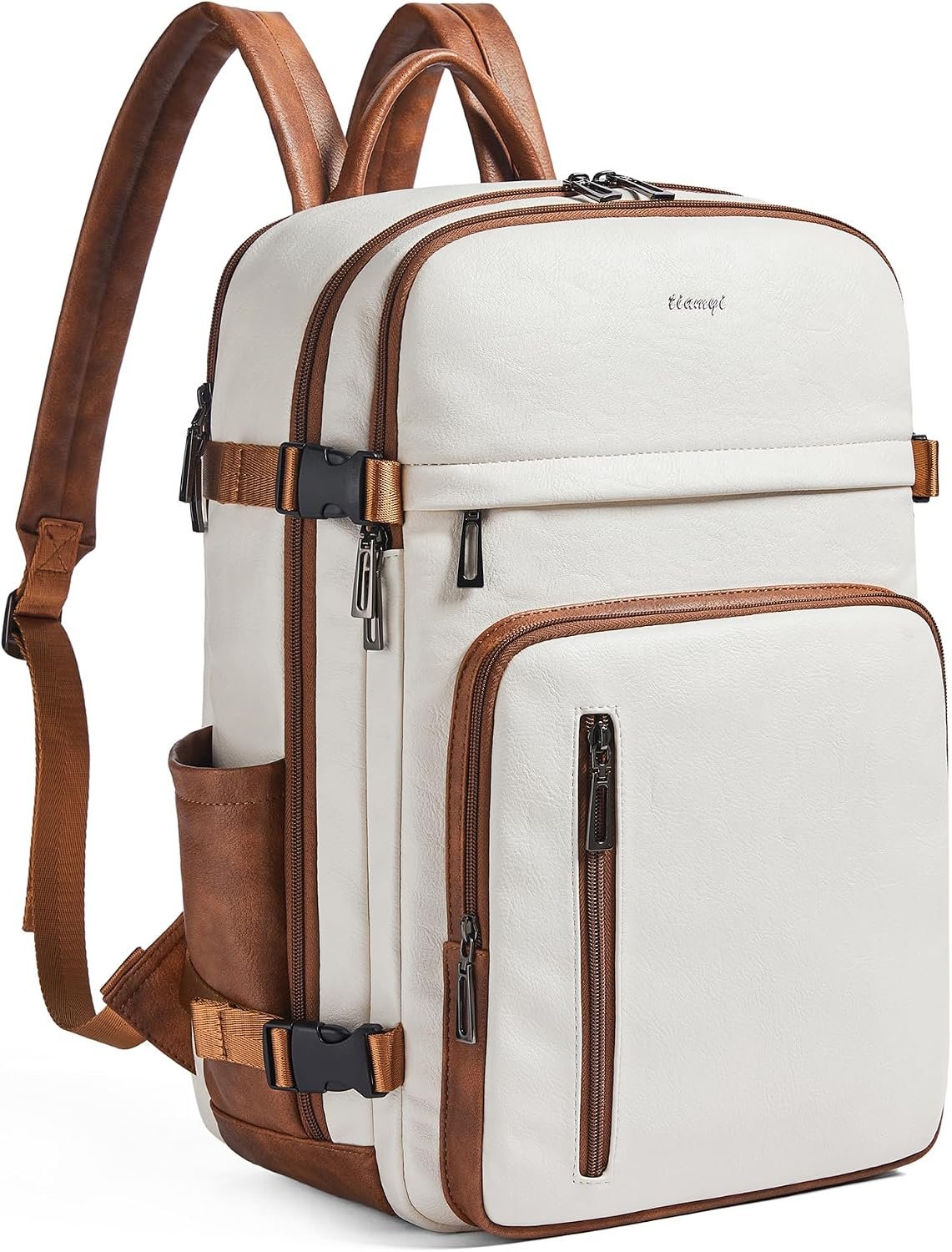 Travel Backpack for Women and Men, Fits 17.0″ Laptop, Stylish Lay-Flat Carry-on Vegan Leather Backpack with Luggage Strap for Travel and Daily Use