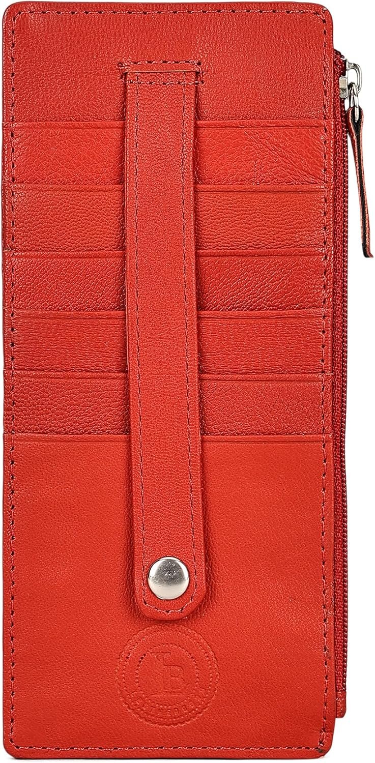 Leatherboss Genuine Leather Women’s All in One Credit Business Card Case Holder Slim Zipper Wallet With a Card Protection Strap, Red