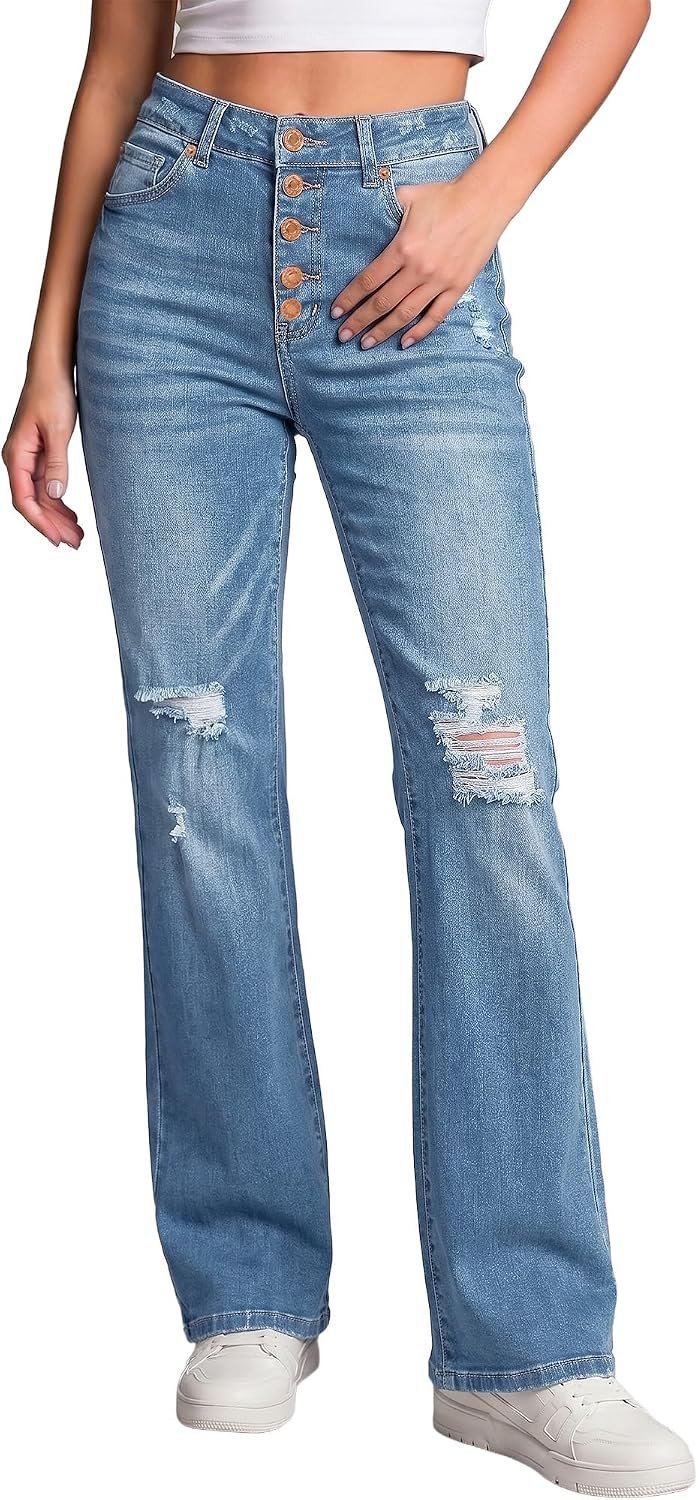 LookbookStore High Waisted Ripped Flare Jeans for Women Distressed Bell Bottom Jeans Wide Leg Pants
