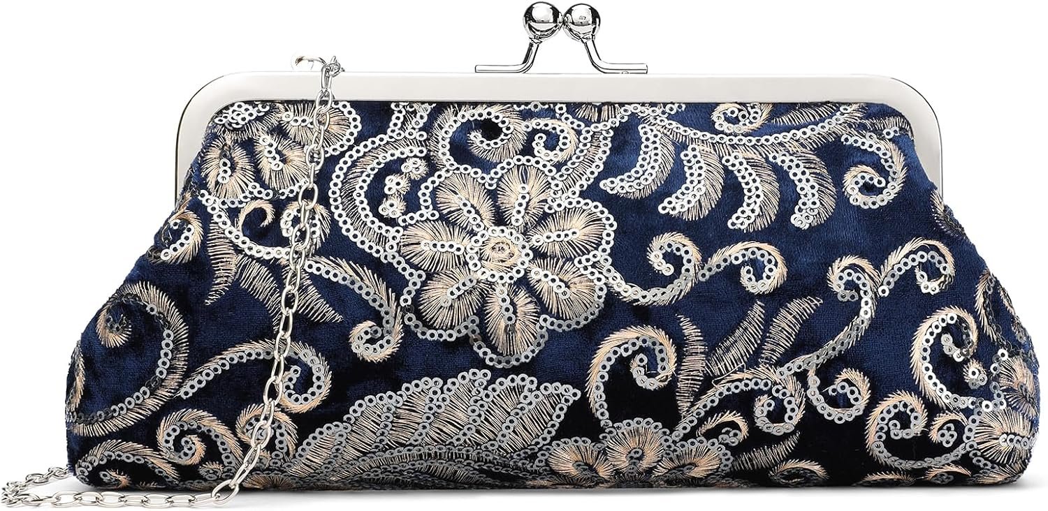 RNIEGA Clutch Purse for Women Floral Embroidery Sequin Evening Bags Elegant Kiss Lock Wedding Party Cocktail