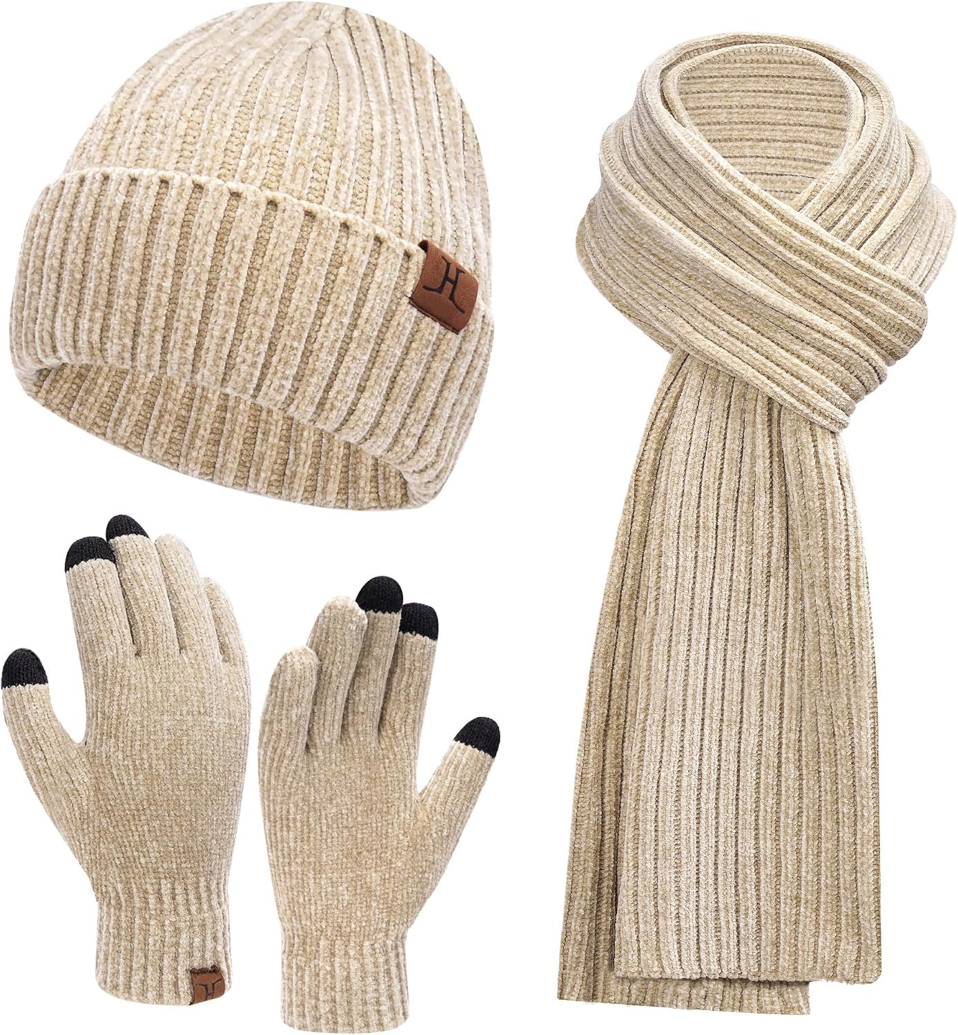 Womens Winter Knit Warm Hat Beanie Long Scarf Touch Screen Gloves Set Skull Caps Neck Scarves for Women