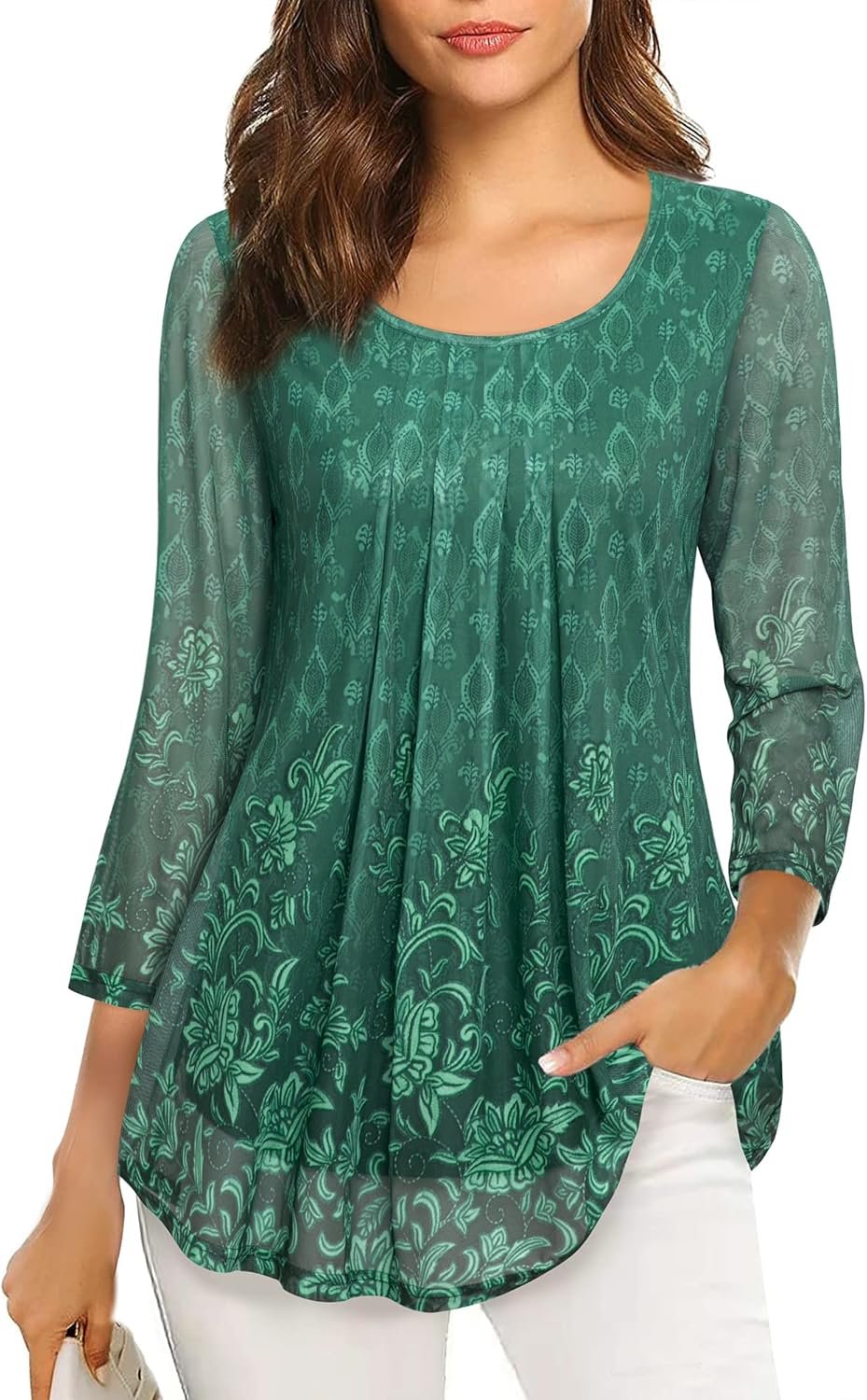 VALOLIA Women’s 3/4 Sleeve Tunic Tops Casual Loose Fit Floral Blouses Mesh Pleated Layered Shirt