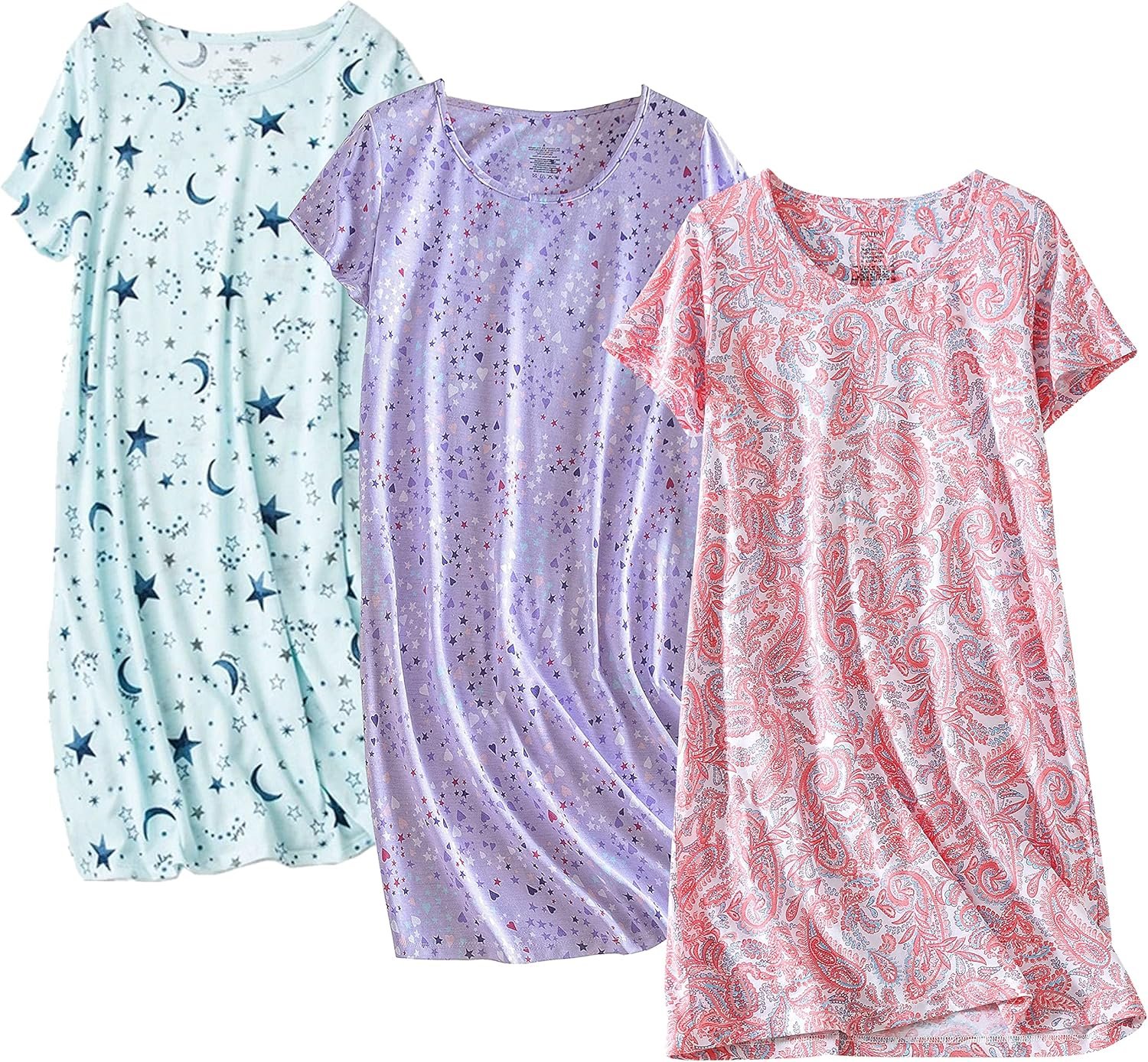 PNAEONG 3 Pack Women’s Cotton Nightgown Sleepwear Short Sleeves Shirt Casual Print Sleepdress
