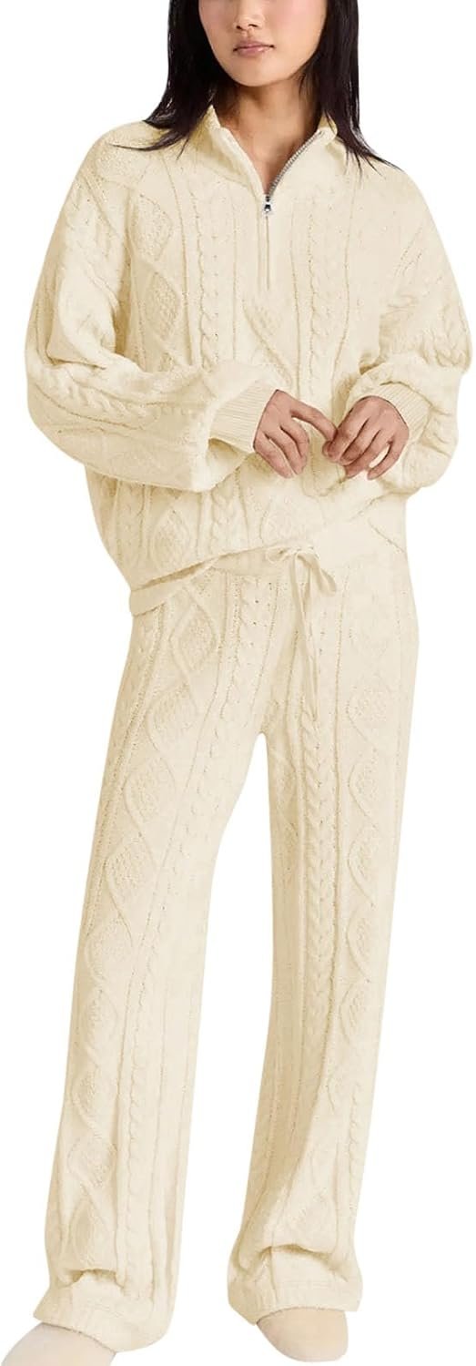 Paintcolors Womens 2 Piece Lounge Set Oversized Fall Knit Pajamas Long Sleeve Top Wide Leg Pants Pjs Sets Loungewear