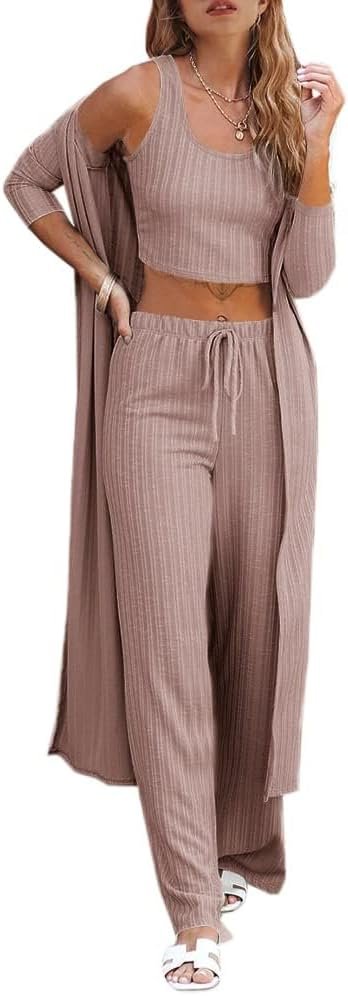 Fessceruna Womens 3 Piece Lounge Pajamas Sets Travel Outfits Vest Top Wide Leg Pants Long Cardigan Vacation Matching Sets