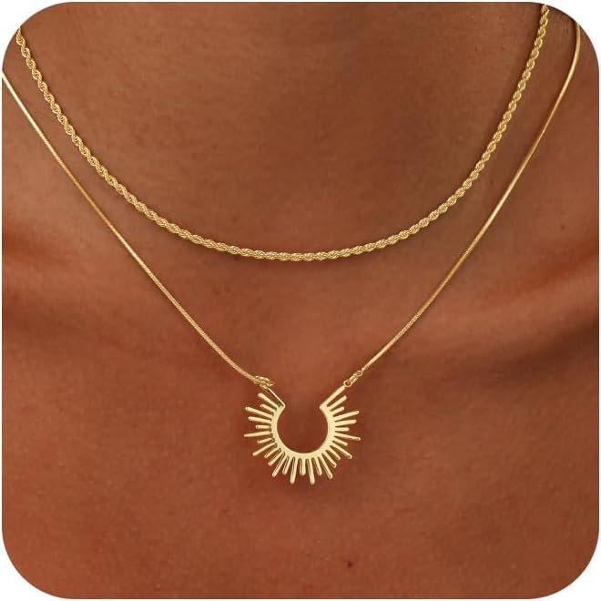 CHESKY Layered Necklaces for Women Trendy, Dainty 14k Gold Plated Pendant Necklace Layering Necklace for Women Non Tarnish Hypoallergenic Sun Gold Necklace Stack Gold Jewelry for Women Gifts
