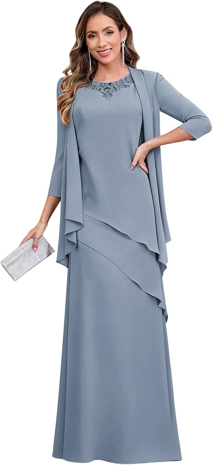 2 Pieces Mother of The Bride Dresses for Women Chiffon Ruffled Long Formal Dress Evening Gown with Jacket