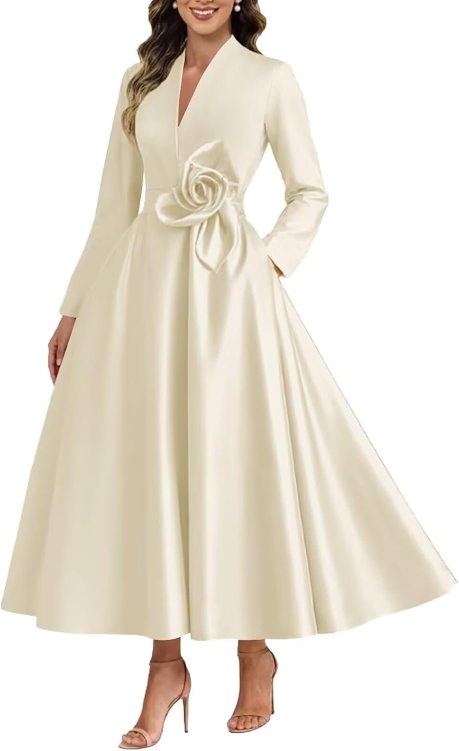 Satin Long Sleeve Mother of The Bride Dresses for Women Elegant Tea Length A Line Evening Party Dress