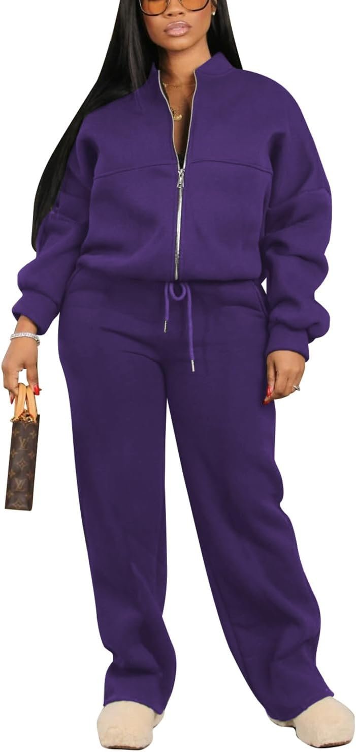 PINSV Women’s 2 Piece Outfits Sweatsuits Full Zip Sweatshirts Wide Leg Sweatpant Set Tracksuit