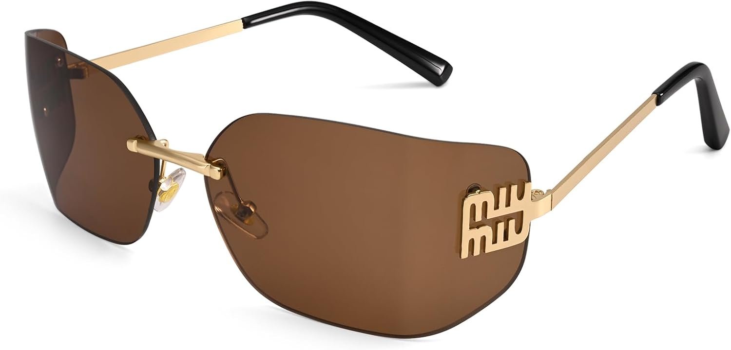 Dollger Rimless Y2K Sunglasses Women Retro Trendy Wrap Around Shield Frame Designer 90s Fashion Glasses