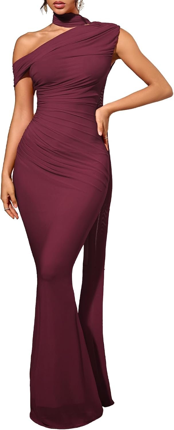 Isolde Women’s One Shoulder Mesh Ribbon Ruched Formal Maxi Dress | Built-in bra, cascading tie, mermaid hem, curve-hugging fit, soft lining, stretch fabric for weddings, proms and celebrations