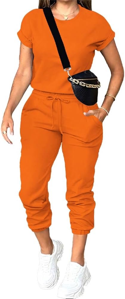 PINSV Women’s 2 Piece Outfits Tracksuit Sets Short Sleeve Tops Jogger Pants with Pockets