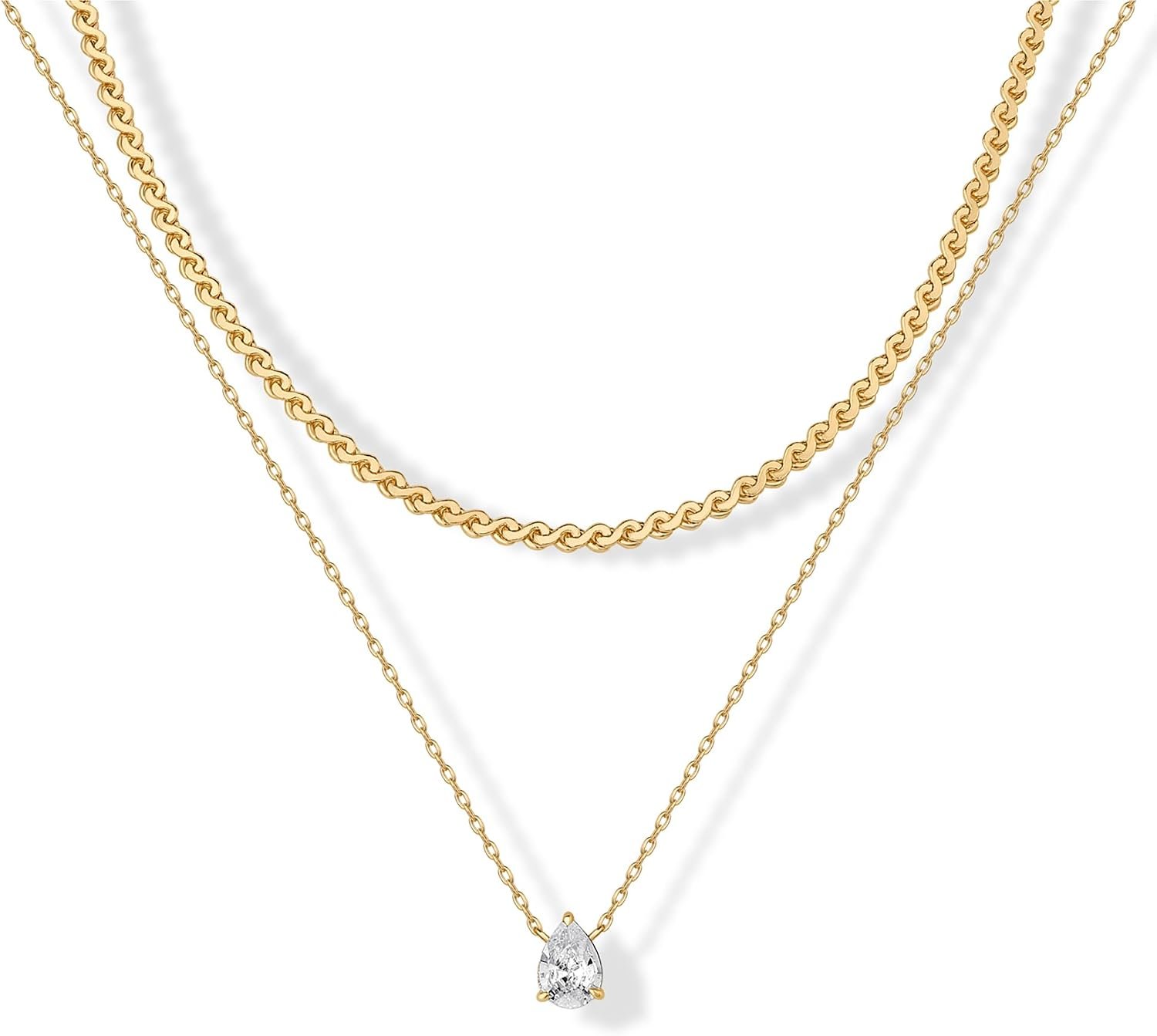 PAVOI 14K Gold Plated Twisted Singapore Chain Layering Choker with Round Solitaire and Serpentine Chain Layering Choker with Pear-Cut Stone Pendant Necklace Pack for Women | Cubic Zirconia Statement Layered Necklace Set